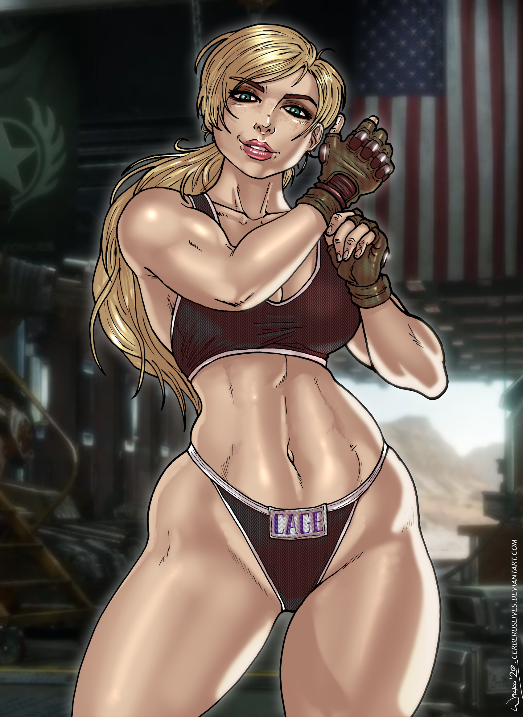 1girls, 2d, abs, american flag, athletic, athletic female, bare legs, bare midriff, bare shoulders, big breasts, blonde hair, blue eyes, bra, breasts, cassie cage, cerberuslives, cleavage, clothed female, color, eyebrows visible through hair, female, female focus, female only, fingerless gloves, fit, fit female, gloves, green eyes, highres, hourglass figure, human, human only, lipstick, long hair, looking at viewer, midriff, mortal kombat, mortal kombat 11, muscular, muscular thighs, navel, panties, ponytail, pose, smile, solo, solo female, solo focus, sports bra, sportswear, standing, thick thighs, video games, wide hips, wilko