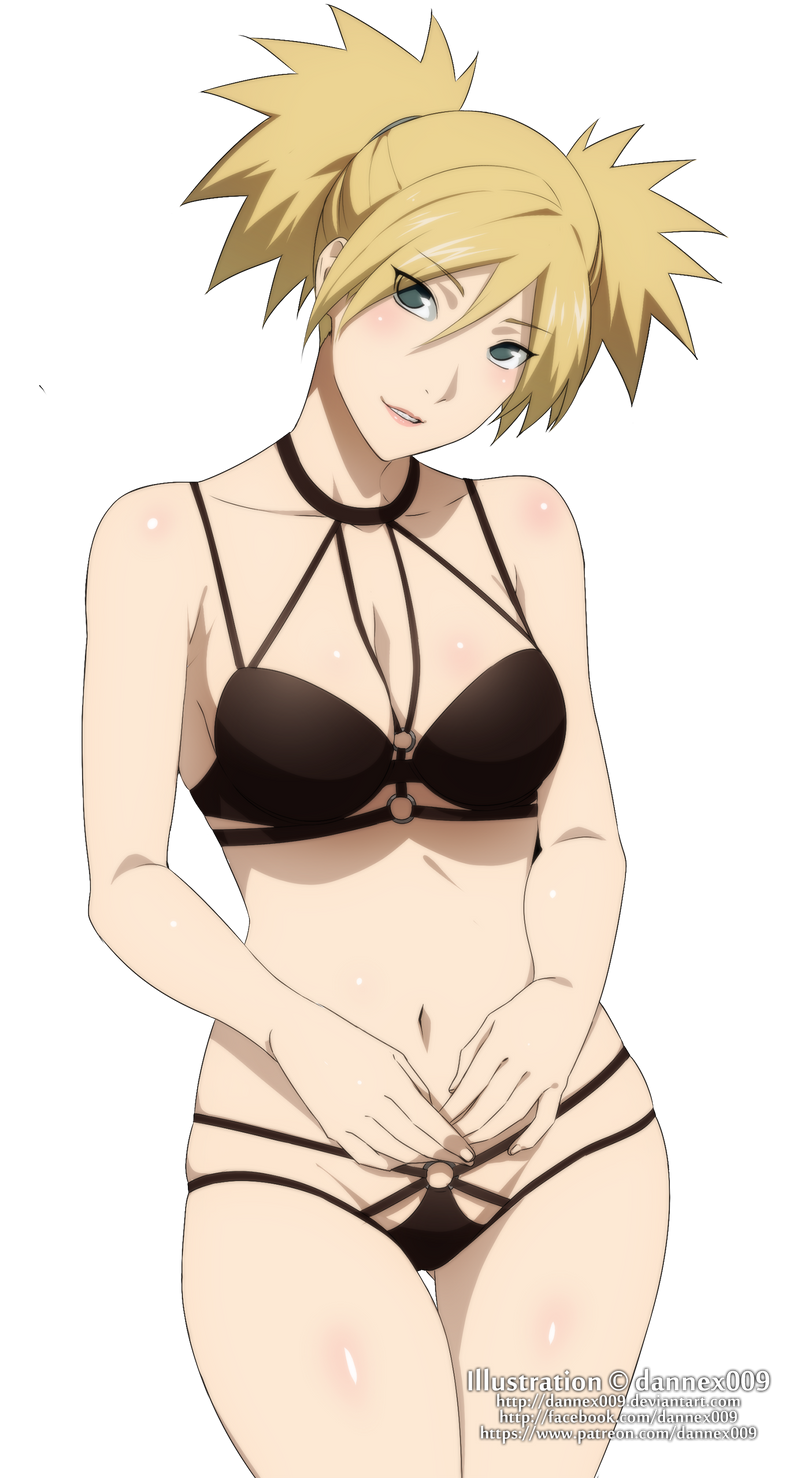 1girls, bare shoulders, bikini, black bra, black panties, blonde hair, breasts, cleavage, dannex009, eyes visible through hair, female, female only, green eyes, lipstick, looking at viewer, makeup, naruto, naruto (series), naruto: the last, pigtails, pink lips, smile, solo, tagme, temari, tied hair, transparent background