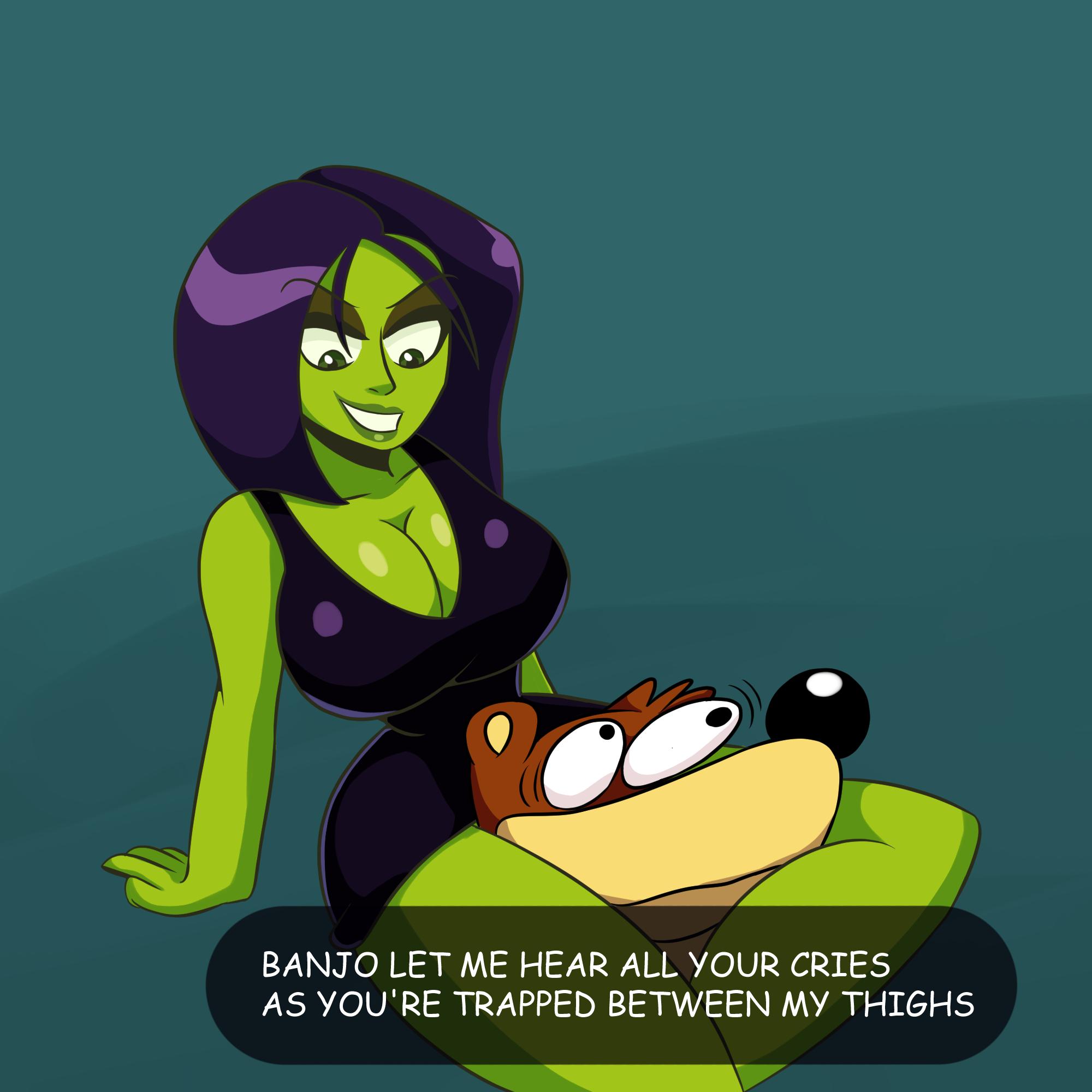 1boy, 1girls, anthro, banjo (banjo-kazooie), banjo-kazooie, bear, big breasts, black dress, black hair, black nose, breasts, brown fur, busty, choking, cleavage, clenched teeth, clothing, comic sans, curvy, dialogue, dress, english text, eyebrows visible through hair, eyeshadow, female, female focus, fully clothed, fur, furry, game over gruntilda, green eyes, green skin, gruntilda, headscissor, headscissors, highres, huge breasts, iggy-bomb, interspecies, large breasts, lips, looking at partner, looking down, male, mature female, rareware, sexually suggestive, shiny hair, short hair, simple background, sitting, smile, smiling, straight, teeth, text, text box, thick thighs, voluptuous, wide hips, witch