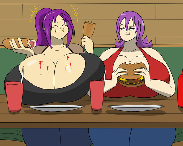 akua_(igphhangout) big_breasts breast_squeeze breasts eating gigantic_breasts happy huge_breasts igphhangout milf original_character purple_hair shelly_(igphhangout) smile thick thick_thighs