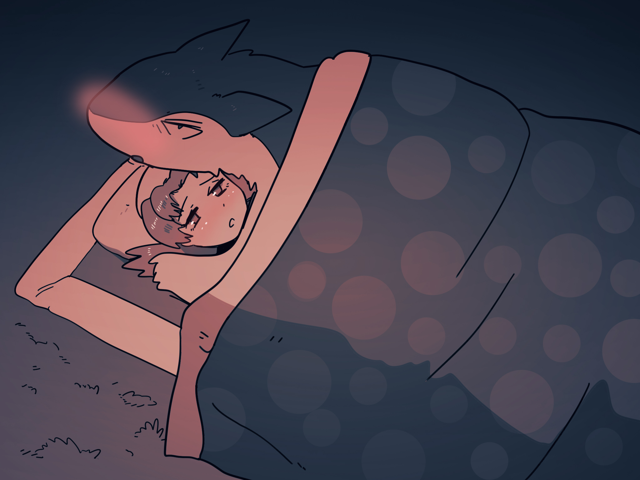 1boy, 1girls, anthro, big penis, female, human, implied sex, kris (pokemon), male, male pokemon/female human, missionary, missionary position, monochrome, nintendo, penis, pokemon, pokemon (species), pokemon gsc, pokephilia, red hair, sleeping bag, typhlosion, wholesome, wolfgang bang, year request, zoophilia