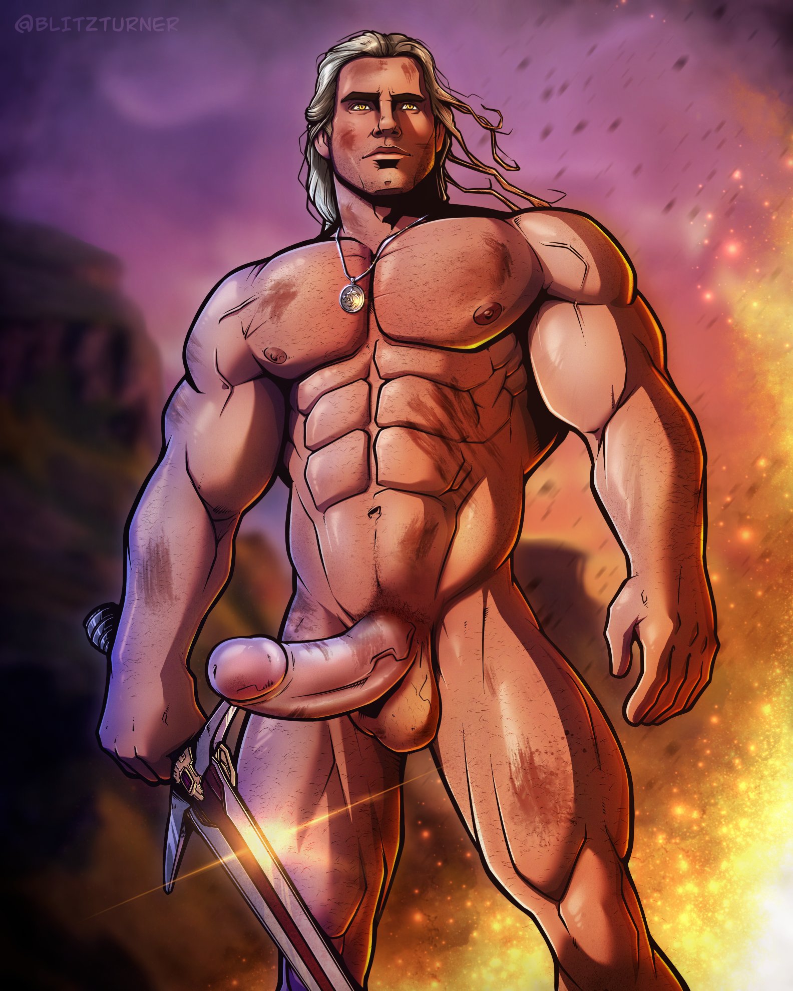 1boy, big penis, blitzturner, caucasian, caucasian male, cd projekt red, erection, geralt of rivia, in character, light skin, light-skinned male, male, male only, muscles, nude, penis, scars, solo, solo male, sword, the witcher, the witcher (series), the witcher 2, the witcher 3: wild hunt
