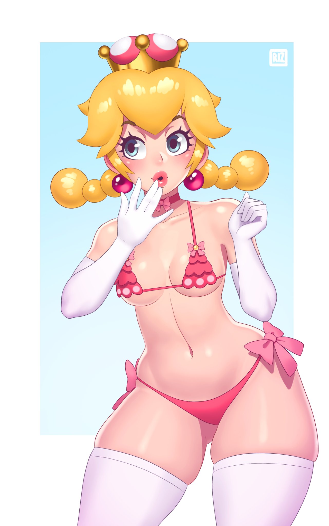 1girls :o bad_id bad_twitter_id bare_shoulders bikini bimbo_lips blonde_hair blush breasts choker cleavage collar crown curvy earrings elbow_gloves eyes_visible_through_hair female female_focus female_only gloves grey_eyes human human_only light-skinned_female light_skin lips lipstick looking_to_the_side mario_(series) medium_breasts new_super_mario_bros._u_deluxe nintendo pale-skinned_female pale_skin panties peachette pearl_earrings pigtails pink_bikini ribbons rizdraws simple_background solo solo_female stockings string_bra super_crown thick thick_thighs thigh_gap thighhighs thighs toadette white_thighhighs wide_hips year_request