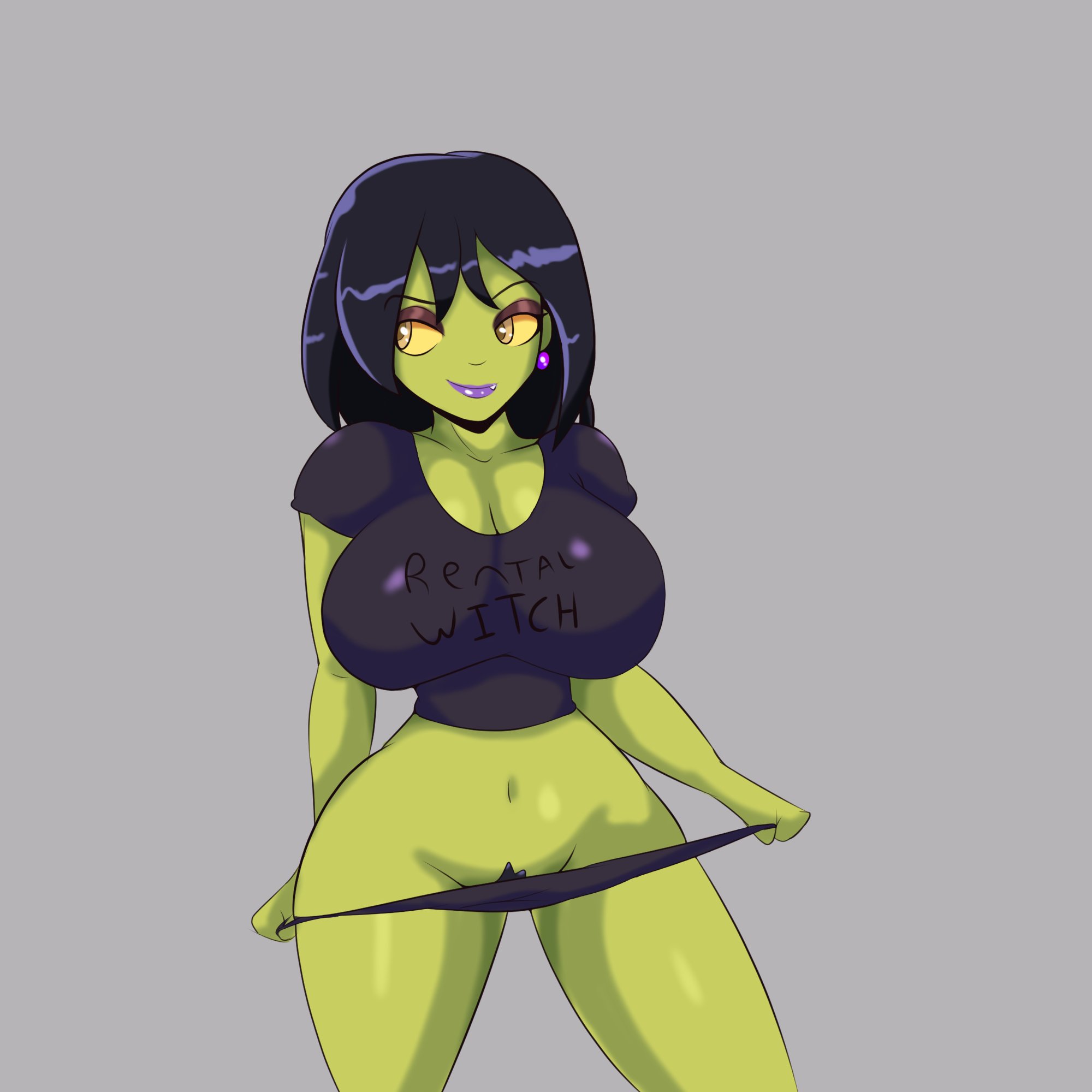 1girls, banjo-kazooie, big breasts, black hair, black panties, black shirt, black underwear, breasts, busty, cleavage, clothes writing, curvy, earrings, english text, eyebrows visible through hair, eyeshadow, fang, female, female only, game over gruntilda, green eyes, green skin, grey background, gruntilda, highres, huge breasts, iggy-bomb, large breasts, lips, lipstick, looking away, looking to the side, mature female, medium hair, navel, panties, pubes, pubic hair, purple lipstick, rareware, shiny hair, smile, smiling, solo, standing, t-shirt, text, thick thighs, underwear, undressing, voluptuous, wide hips, witch, yellow sclera