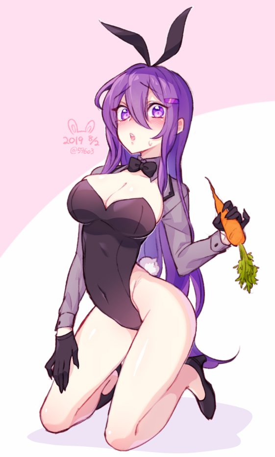 1girls, 6nan8, black gloves, blush, bowtie, breasts, bunny ears, bunny girl, bunny tail, bunnysuit, carrot, curvy figure, doki doki literature club, female, gloves, hairclip, high heels, huge breasts, large breasts, looking at viewer, purple eyes, purple hair, thick thighs, yuri (doki doki literature club)