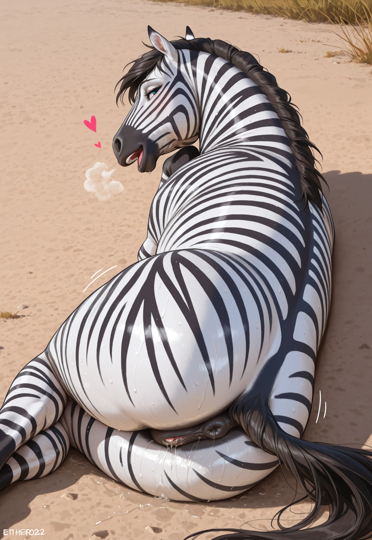 ai generated, animal genitalia, animal pussy, anus, equine, equine anus, equine pussy, female, feral, horse, horsepussy, lying, lying on side, outdoors, pussy, pussy juice, rear view, savanna, seductive, smile, zebra