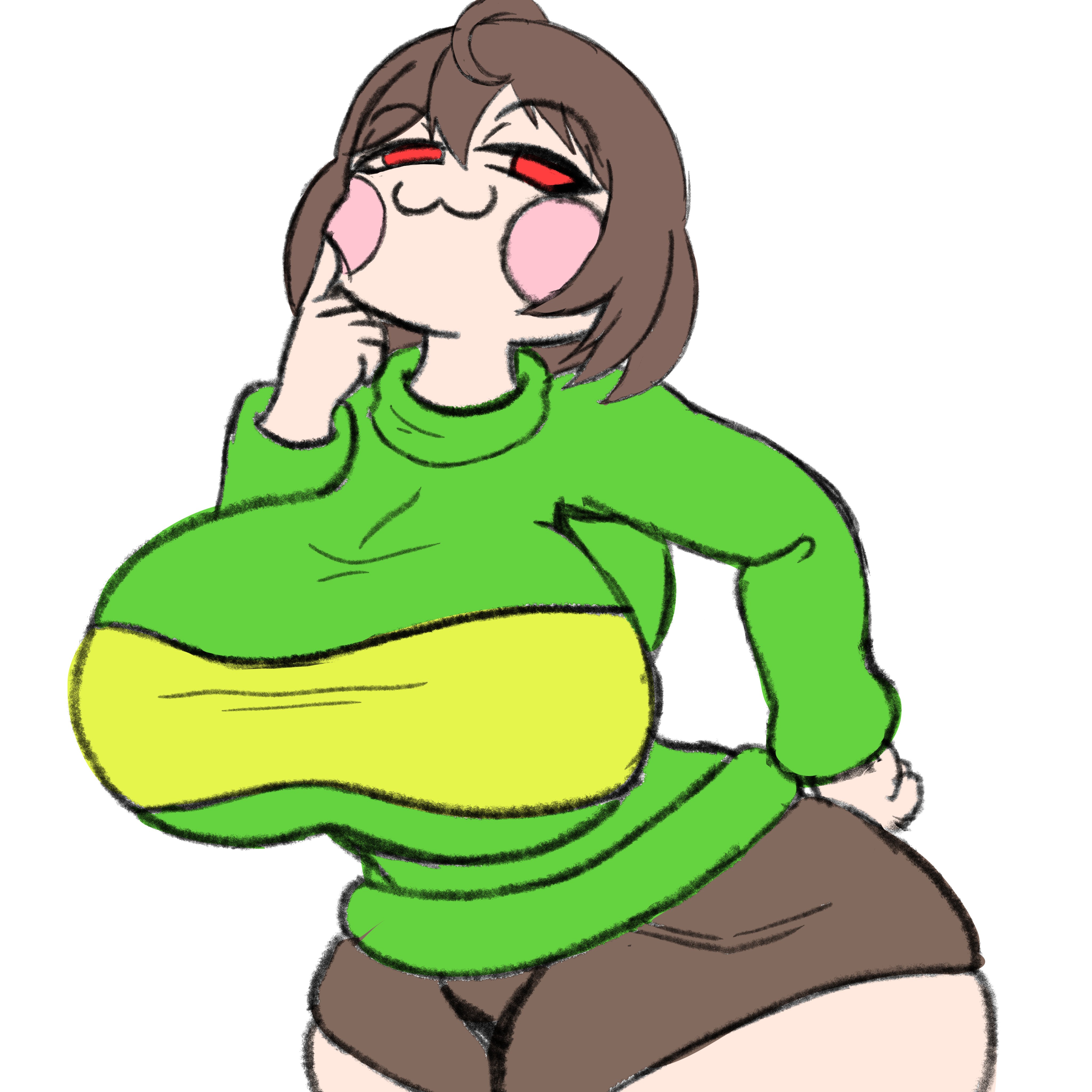 1girls, 2d, 2d (artwork), bubble butt, chara, chara (undertale), child bearing hips, clothed female, clothing, curvaceous female, female, female chara, female focus, female only, hourglass figure, huge ass, huge breasts, large ass, large breasts, light skin, light-skinned female, pale skin, pale-skinned female, short hair, short shorts, skin tight, skindentation, t-shirt, thick thighs, tight clothes, tight clothing, tight fit, toned, toned female, undertale, undertale (series), wide hips, yiomo