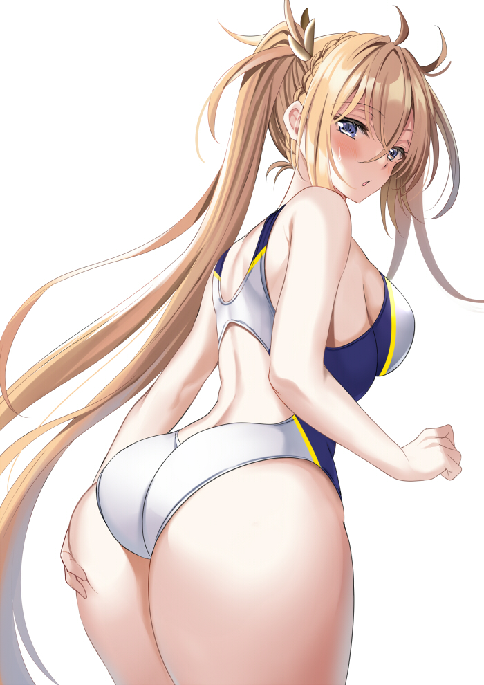 1girls ass ass_grab back bangs bare_shoulders blonde_hair blue_eyes blush bradamante_(fate) braid breasts competition_swimsuit crown_braid fate/grand_order fate_(series) female groping hair_between_eyes harimoji large_breasts light_background long_hair looking_at_viewer looking_back multicolored multicolored_clothes multicolored_swimsuit one-piece_swimsuit simple_background solo swimsuit thick_thighs thighs tied_hair twintails very_long_hair white_background white_swimsuit