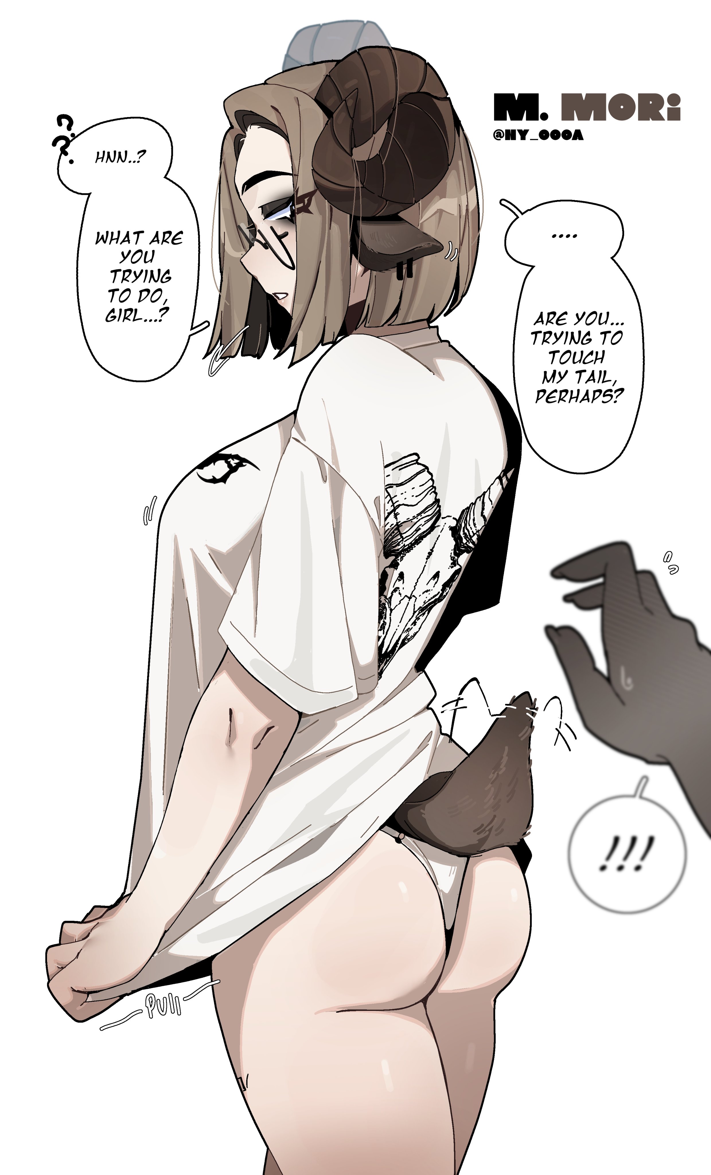 2girls, glasses, goat girl, goat horns, implied yuri, mori (ny 000a), no pants, ny 000a, original character, panties, shirt, showing ass, showing panties