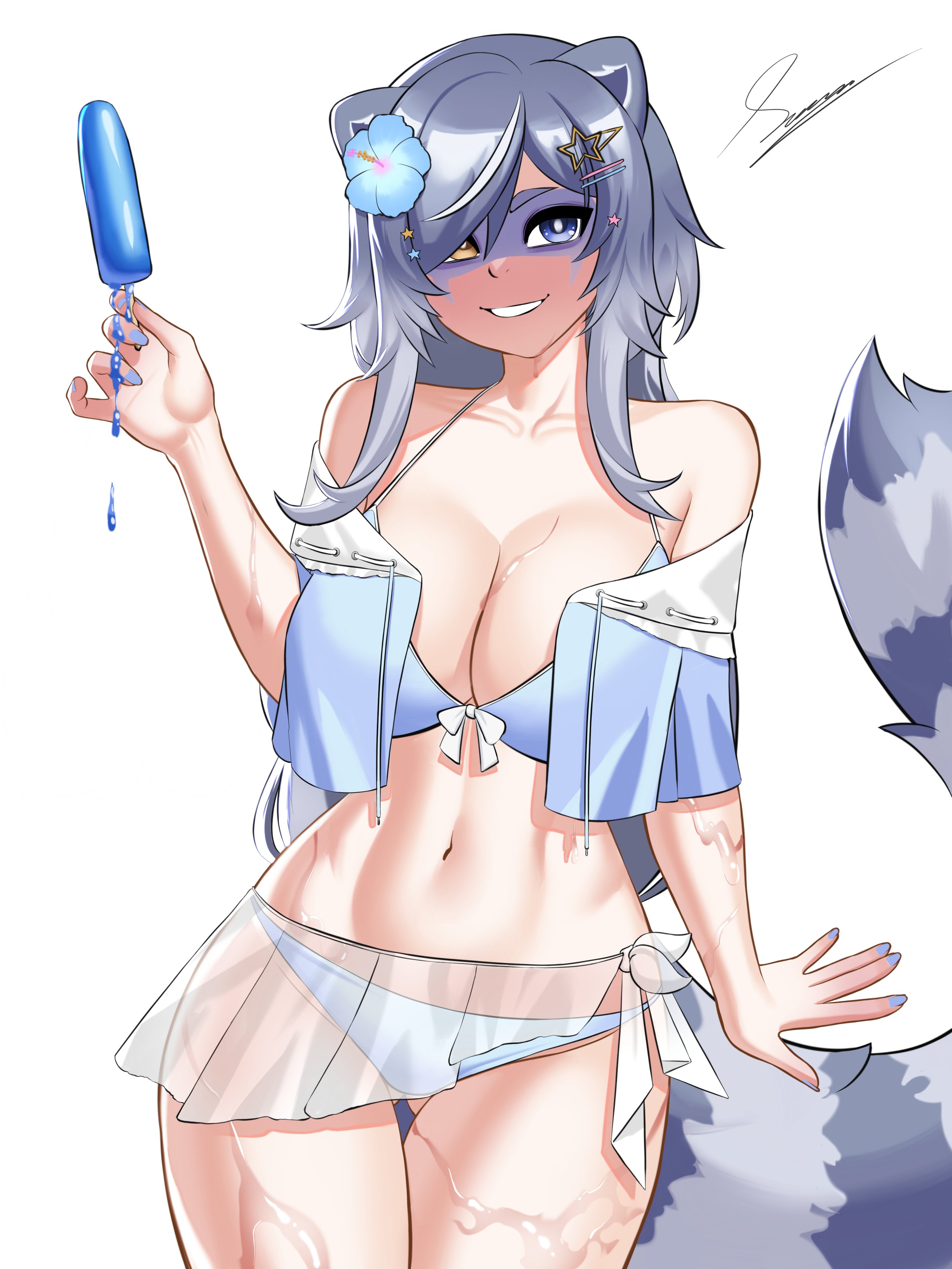 3am, absurdres, animal ears, big breasts, bikini, blue bikini, blue eyes, blue hair, blue nails, breasts, female, flower, food, hair flower, hair ornament, heterochromia, hibiscus, highres, huge breasts, large breasts, lumpystilskin52, melting popsicle, popsicle, raccoon ears, raccoon girl, raccoon tail, smile, snuffy, star (symbol), star hair ornament, swimsuit, tail, tits, virtual youtuber, voluptuous, vtuber, wet, white background, yellow eyes