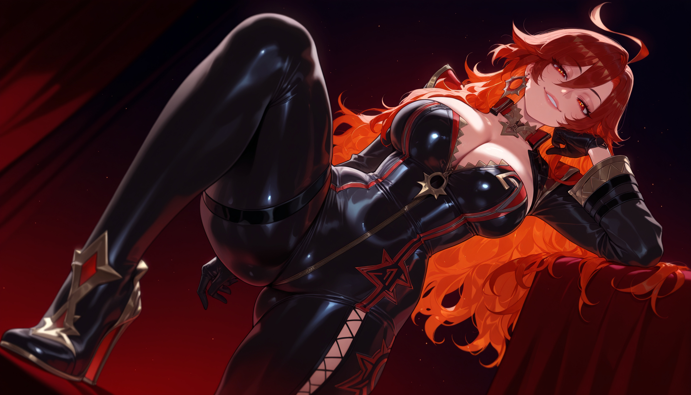 1girls, ahoge, ai generated, arm rest, ass visible through thighs, balecxi, black footwear, black gloves, bodysuit, breasts, choker, cleavage, clothing, curvaceous, curvaceous female, curvaceous figure, curvy, curvy figure, dutch angle, earrings, elbow rest, female, female focus, female only, footwear, from below, genshin impact, gloves, grin, hair between eyes, hand on own cheek, hand on own face, head rest, high heel boots, high heels, hoop earrings, hoyoverse, inviting, jacket, jewelry, large breasts, long hair, long sleeves, looking at viewer, mavuika (genshin impact), multicolored hair, parted lips, presenting, presenting ass, presenting breasts, presenting hindquarters, presenting pussy, presenting self, red eyes, red hair, seductive, seductive look, seductive smile, smile, solo, thigh strap, thighs, voluptuous, voluptuous female
