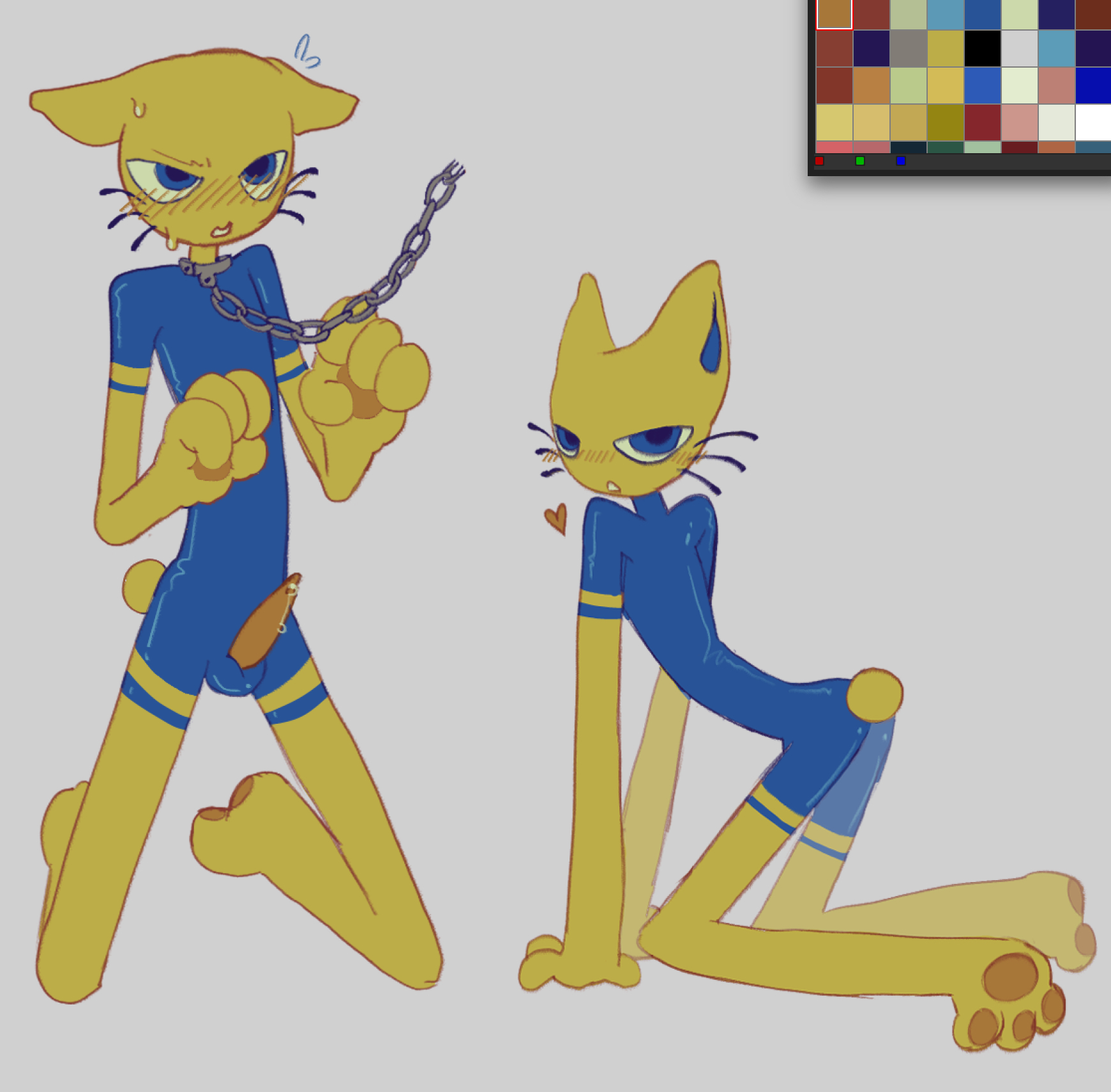 1boy, all fours, blush, blush lines, chained, chained collar, feline, greedyghoul, kneeling, meleeniacs, penis, precum, precum drip, roblox, roblox game, skinny, stocky (meleeniacs), sweat, sweatdrop, unknown species