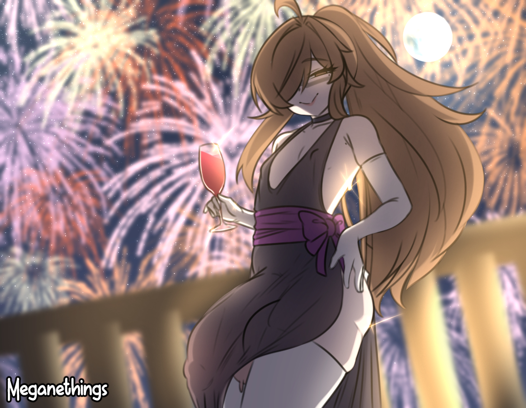 1boy, 1femboy, brown eyes, brown hair, bulge, dress, femboy, femboy focus, femboy only, fireworks, holding glass, huge balls, huge cock, looking at viewer, meganethings, new year, penis, penis bulge, solo, solo femboy, solo focus, solo male, thick thighs, wide hips, yume (meganethings)