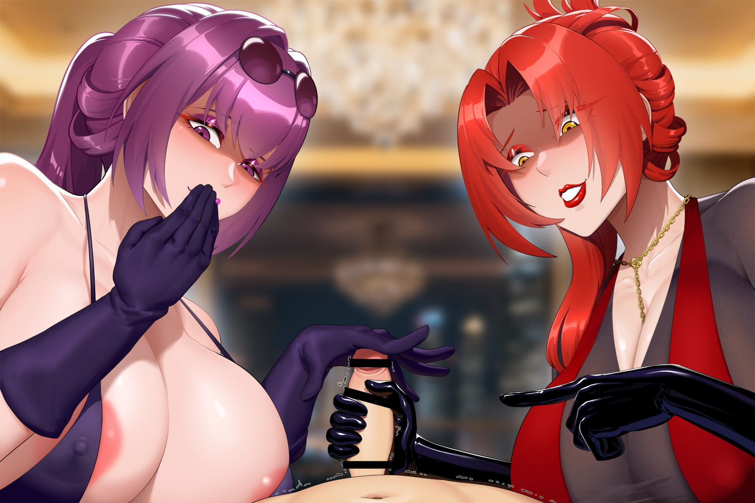 1boy, 2girls, areola slip, areolae, bangs, bare shoulders, black gloves, blurry, blurry background, bodysuit, breasts, cleavage, collarbone, crossover, depth of field, elbow gloves, eyebrows visible through hair, eyewear on head, female, folded ponytail, gloves, highres, honkai (series), honkai impact, honkai impact 3rd, honkai: star rail, hoyoverse, jewelry, kafka (honkai: star rail), large breasts, latex gloves, laugh, light skin, long hair, male, mihoyo, multiple girls, murata himeko, nanquanzl, necklace, partially visible nipples, penis, purple gloves, purple hair, red hair, siriusu, small penis, small penis humiliation, straight, sunglasses, yellow eyes