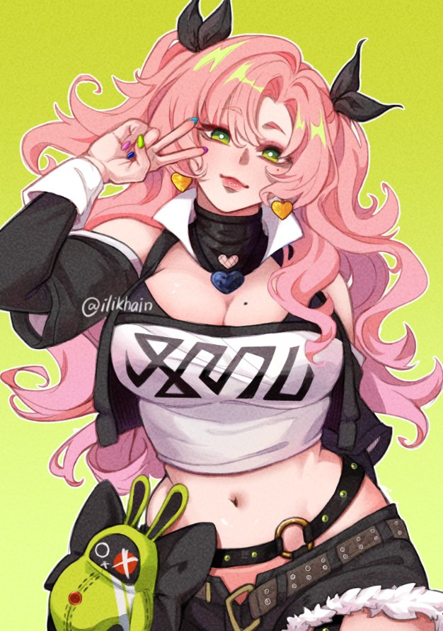 bangboo (zenless zone zero), breasts, cleavage, clothed, detached sleeves, green background, green eyes, hair ribbon, ilikhain, large breasts, mole, mole on breast, navel, nicole demara, o-ring, pink hair, two side up, v sign, zenless zone zero