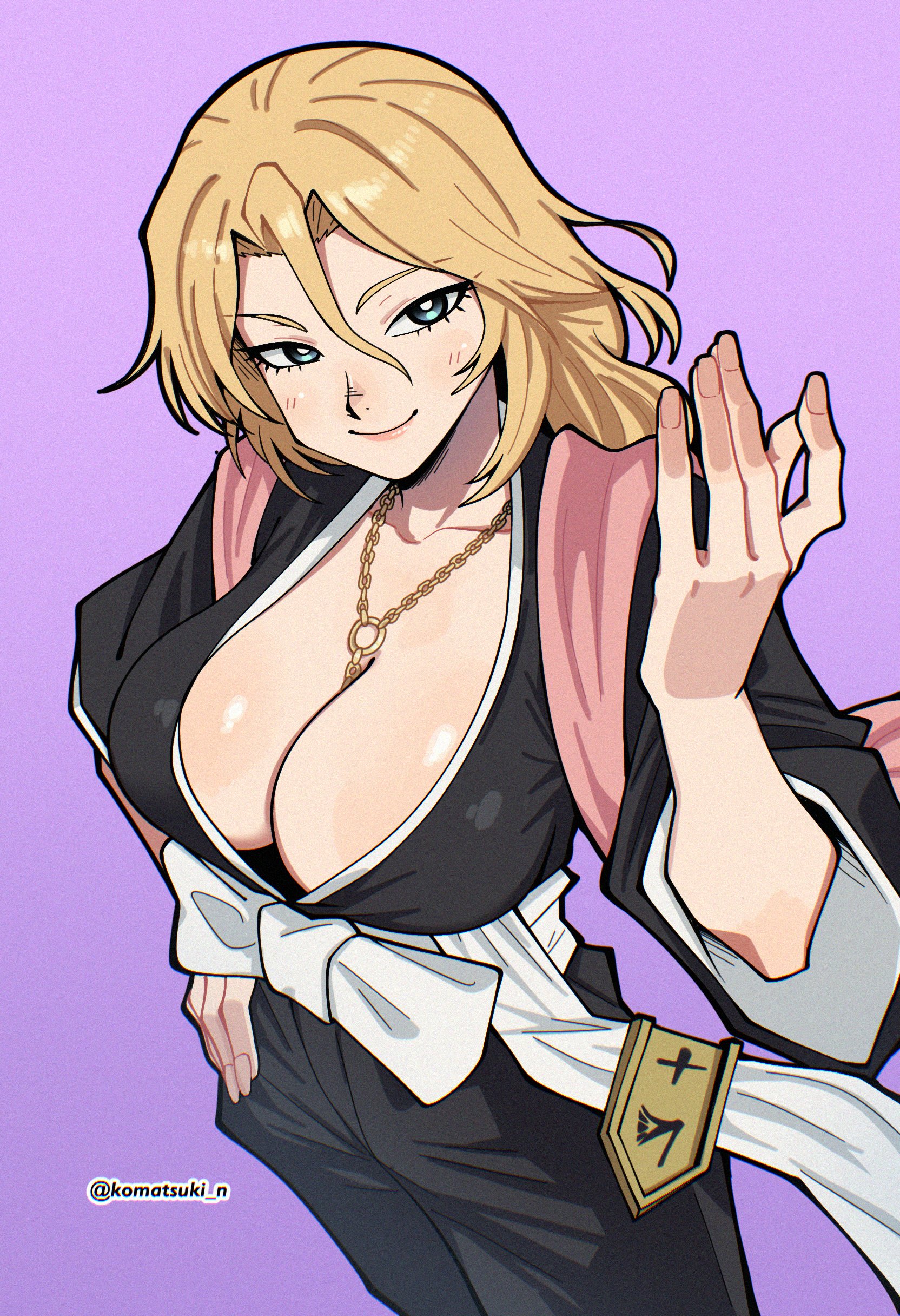 absurdres, aqua eyes, artist name, big breasts, bleach, blonde hair, breasts, bright pupils, cleavage, closed mouth, collarbone, commentary, cowboy shot, female, hand on own hip, hand up, highres, jewelry, komatsuki n, large breasts, looking at viewer, matsumoto rangiku, necklace, necklace between breasts, purple background, sash, simple background, smile, solo, twitter username, white pupils, white sash