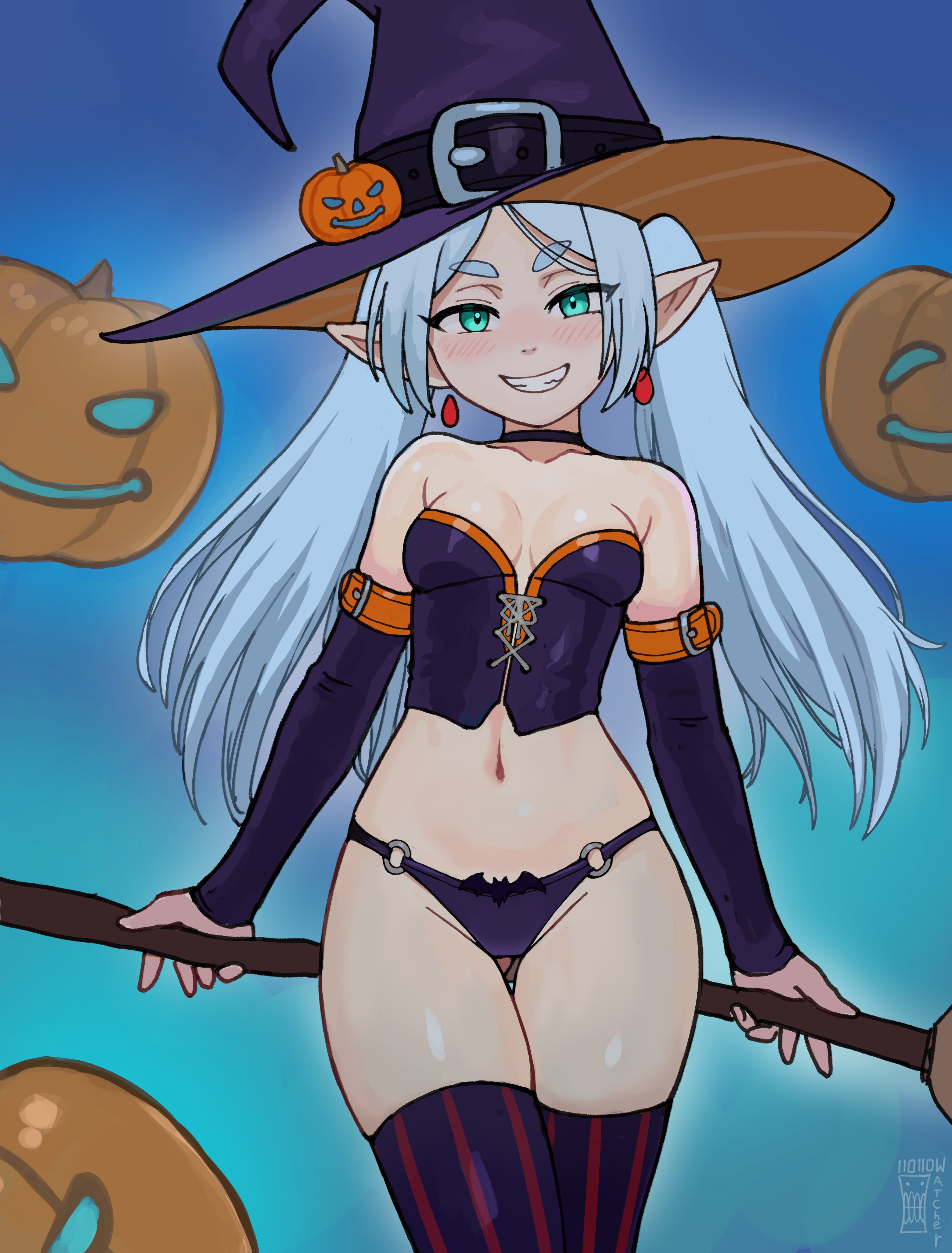 1girls, alternate costume, blush, breasts, choker, cleavage, clothed, clothing, costume, crop top, earrings, elbow gloves, elf, elf ears, elf female, female, female only, frieren, gloves, green eyes, grin, halloween, halloween costume, hat, hollow watcher, hourglass figure, jack-o'-lantern, long hair, looking at viewer, navel, panties, petite, pointy ears, pumpkin, shiny skin, slim waist, small breasts, solo, solo female, sousou no frieren, staff, standing, thigh gap, thigh highs, thighs, twintails, watcher hollow, white hair, witch, witch hat