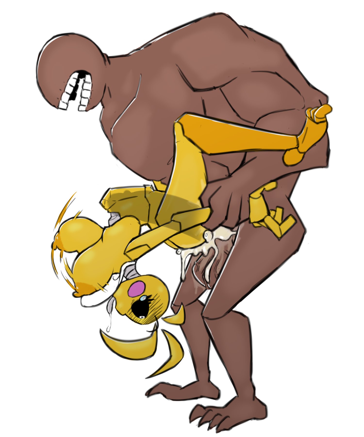 algob4v, animatronic, anthro, bav, big breasts, big penis, breasts, cum, cum inside, dark-skinned male, duo, female, femsub, five nights at freddy's, five nights at freddy's 2, human, male, maledom, penis, size difference, stomach bulge, straight, stylized, tongue out, toy chica (fnaf)