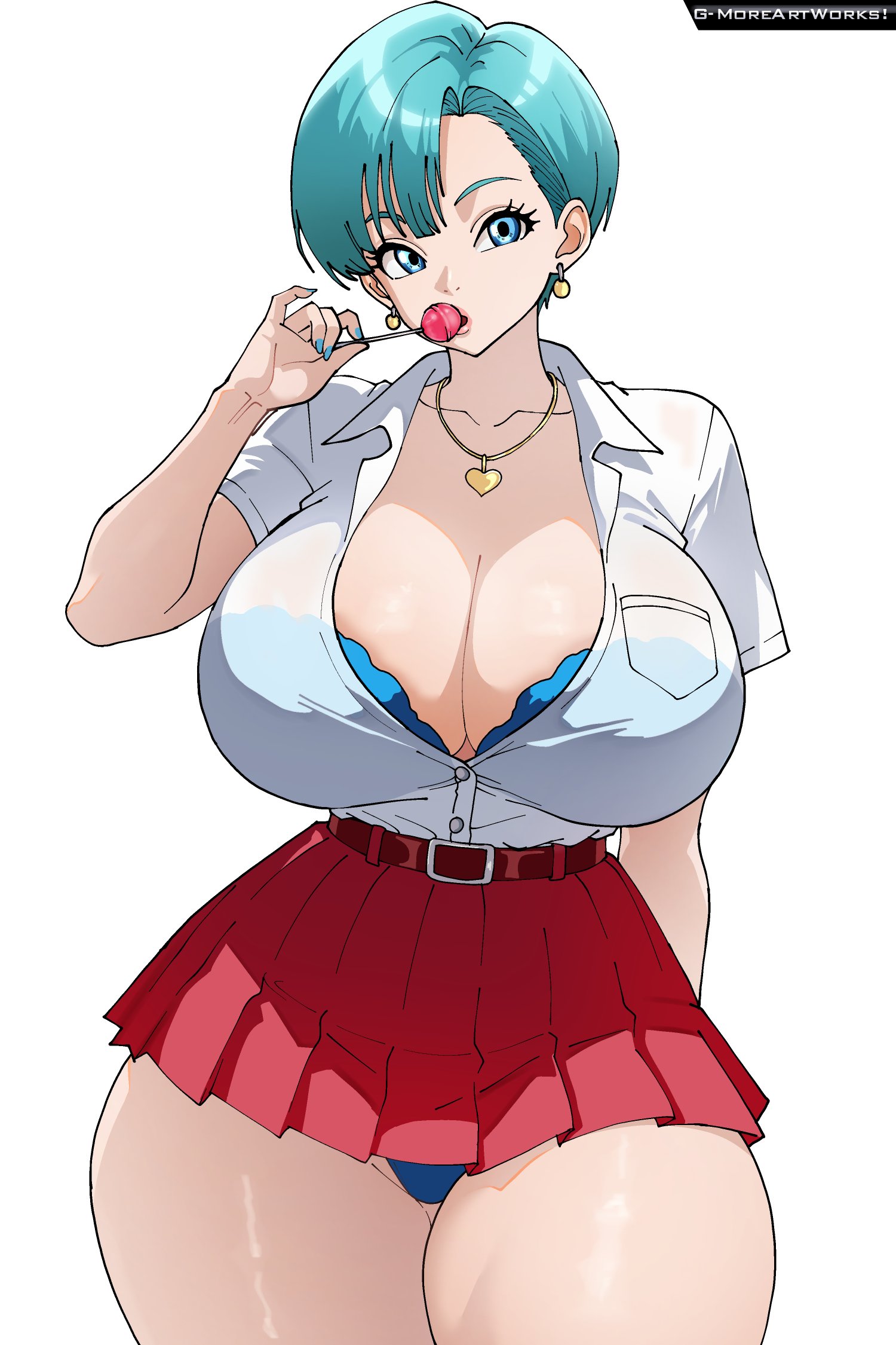 1girl, 1girls, 2d, 2d (artwork), about to burst, about to pop, ass, ass bigger than head, barely contained, barely contained breasts, barely fits, big ass, big breasts, breasts, breasts bigger than head, breasts too big, bulma, bulma (dragon ball), bulma briefs, button down shirt, button gap, digital drawing (artwork), digital media (artwork), dragon ball, enormous ass, enormous breasts, female, female focus, female only, gmoreartworks, huge ass, huge breasts, imminent wardrobe malfunction, large ass, large breasts, lollipop, massive ass, massive breasts, massive butt, massive thighs, milf, not ai generated, school uniform, strained buttons, straining buttons, thick thighs, thighs, tight fit, too tight, undersized clothes, undersized clothing