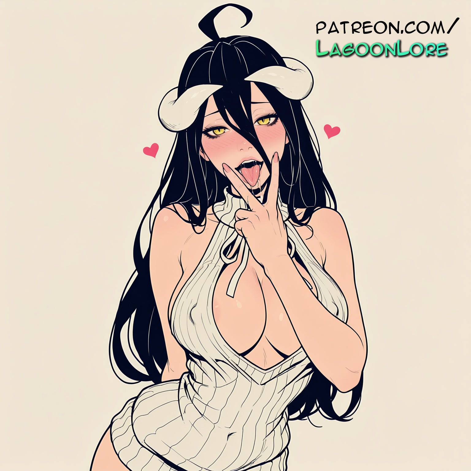 ahoge, ai generated, albedo (overlord), areola, areolae, artist name, bare shoulders, big breasts, big chest, black hair, blush, breasts, bust, busty, chest, cowboy shot, demon horns, dress, female, hair between eyes, heart, hi res, highres, horns, lagoonlore, large breasts, long hair, looking at viewer, meme attire, open mouth, overlord (maruyama), patreon, patreon username, ribbed sweater, smile, solo, sweater, tongue, tongue out, virgin killer sweater, watermark, yellow eyes