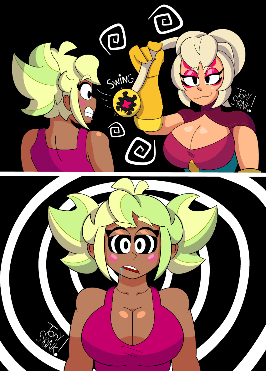 2girls, brawl stars, charlie (brawl stars), cleavage, cleavage window, dark skin, dark-skinned female, drooling, female only, hypnosis, large breasts, mandy (brawl stars), mind control, pendulum, pendulum swinging, smug, smug expression, smug eyes, smug face, smug grin, smug smile, spiral background, spiral eyes, spiralwash eyes, supercell, tanned, tanned female, tanned skin, tonyst0nk