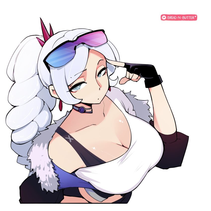 1girls, absurdres, aqua eyes, arms up, big breasts, black bra, black coat, black gloves, blue eyes, bra, braid, braided ponytail, bread-n-butter, breasts, choker, cleavage, coat, collar, cosplay, drill hair, earrings, female, female only, fingerless gloves, fur, glasses, glasses on head, gloves, hair ornament, highres, honkai (series), honkai: star rail, huge breasts, jewelry, long hair, looking at viewer, looking up, rwby, shirt, silver wolf (honkai: star rail) (cosplay), single bare shoulder, single shoulder shirt, solo, solo female, spots, viewed from above, weiss schnee, white fur, white hair, white shirt
