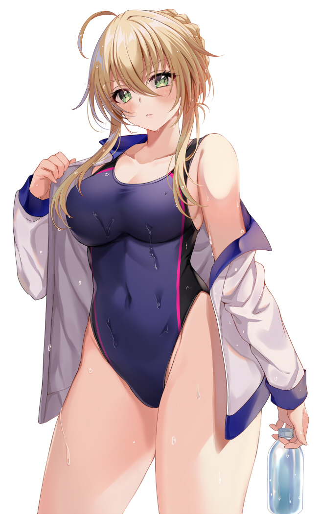 ahoge artoria_pendragon artoria_pendragon_(lancer) bangs bare_shoulders blonde_hair blue_swimsuit blush bottle braid breasts clavicle competition_swimsuit covered_navel cowboy_shot eyebrows_visible_through_hair fate/grand_order fate_(series) female female green_eyes hair_between_eyes harimoji highleg highleg_swimsuit jacket large_breasts long_sleeves looking_at_viewer off_shoulder one-piece_swimsuit open_clothes open_jacket sidelocks simple_background solo standing swimsuit swimsuit_under_clothes thighs tied_hair wet white_background white_jacket