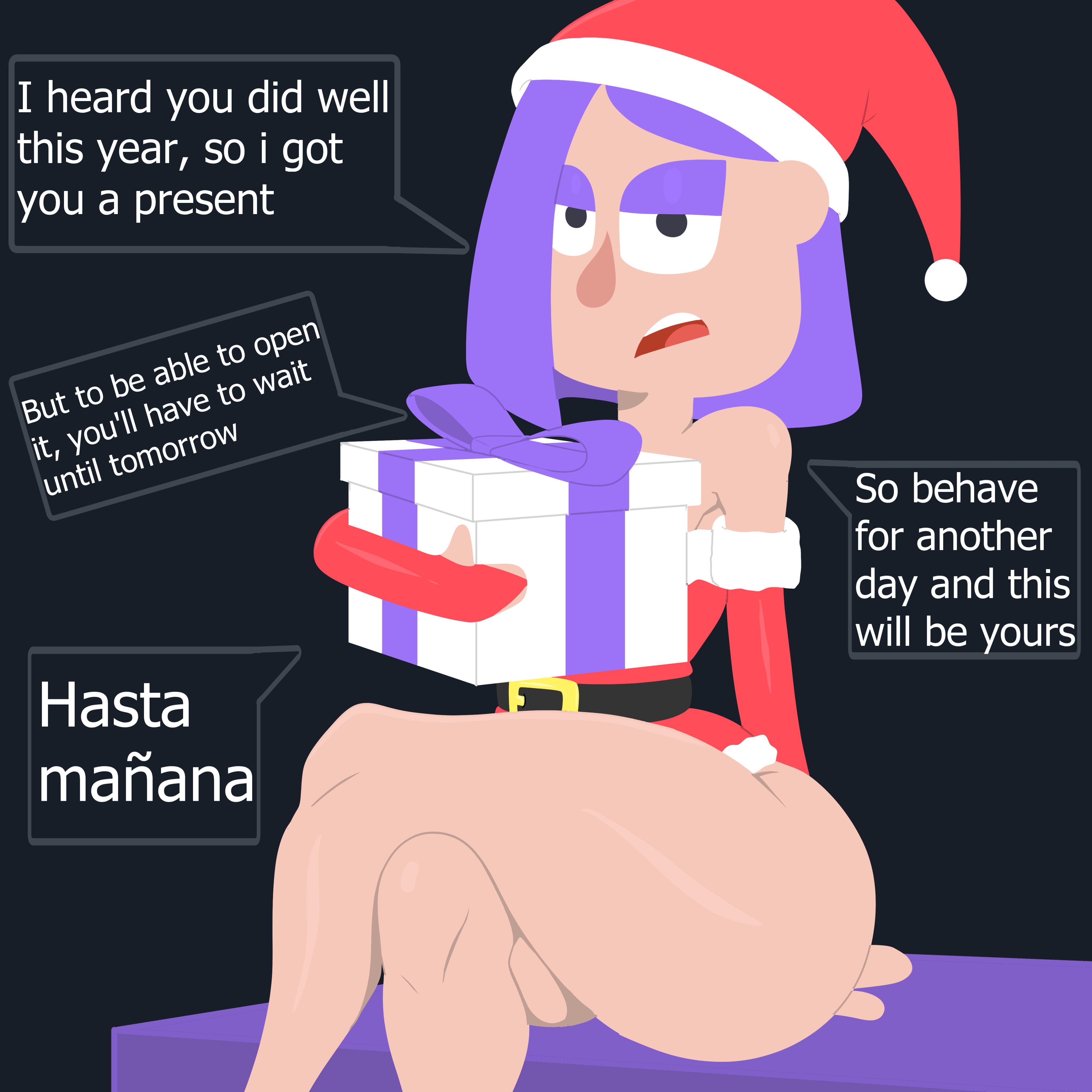1girls, 2d, 2d (artwork), belt, bubble butt, child bearing hips, christmas, christmas clothing, christmas hat, christmas headwear, christmas outfit, christmas present, clothed female, clothing, curvaceous female, duolingo, elbow gloves, english, english language, english text, female, female focus, female only, fingerless gloves, gloves, hourglass figure, light skin, light-skinned female, lily (duolingo), looking at viewer, pale skin, pale-skinned female, purple eyeshadow, purple hair, simple background, skin tight, skindentation, thick thighs, tight clothes, tight clothing, tight fit, toned, toned female, wide hips, yiomo