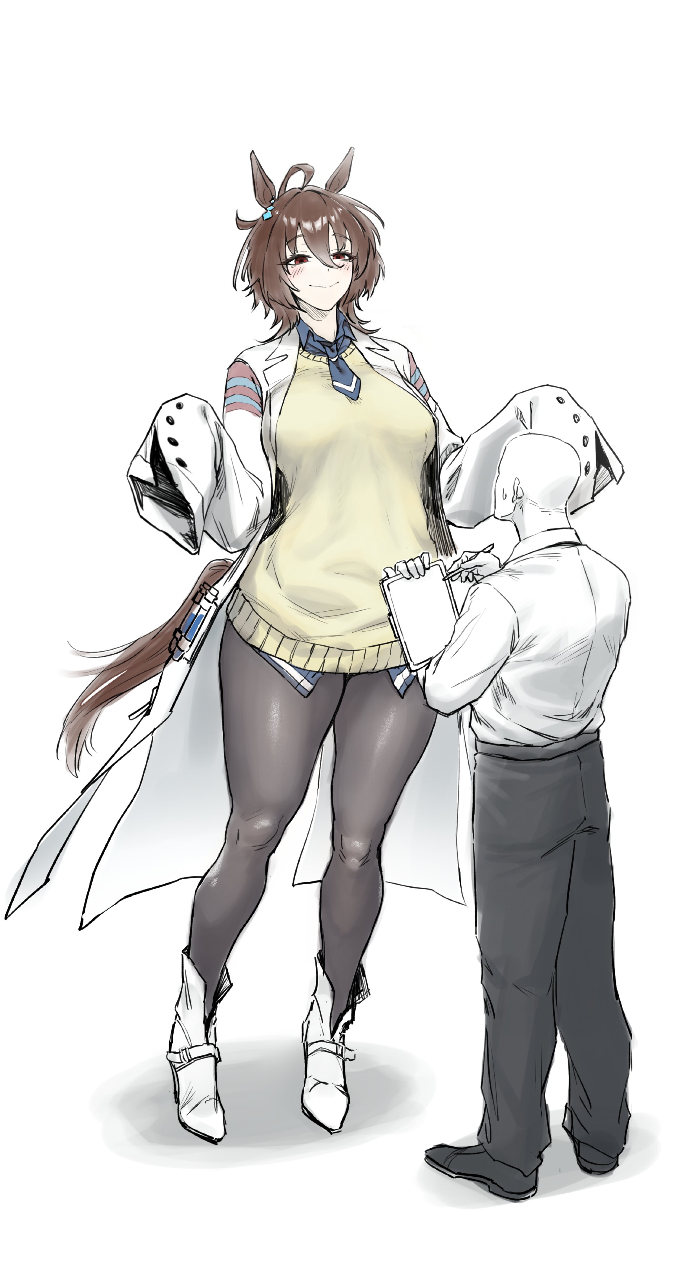 1boy, 1girls, agnes tachyon (umamusume), bamg915, bigger female, brown hair, brown hair female, brunette female, female, female focus, height difference, labcoat, larger female, light skin, light-skinned female, shorter male, size difference, smaller male, umamusume, umamusume pretty derby