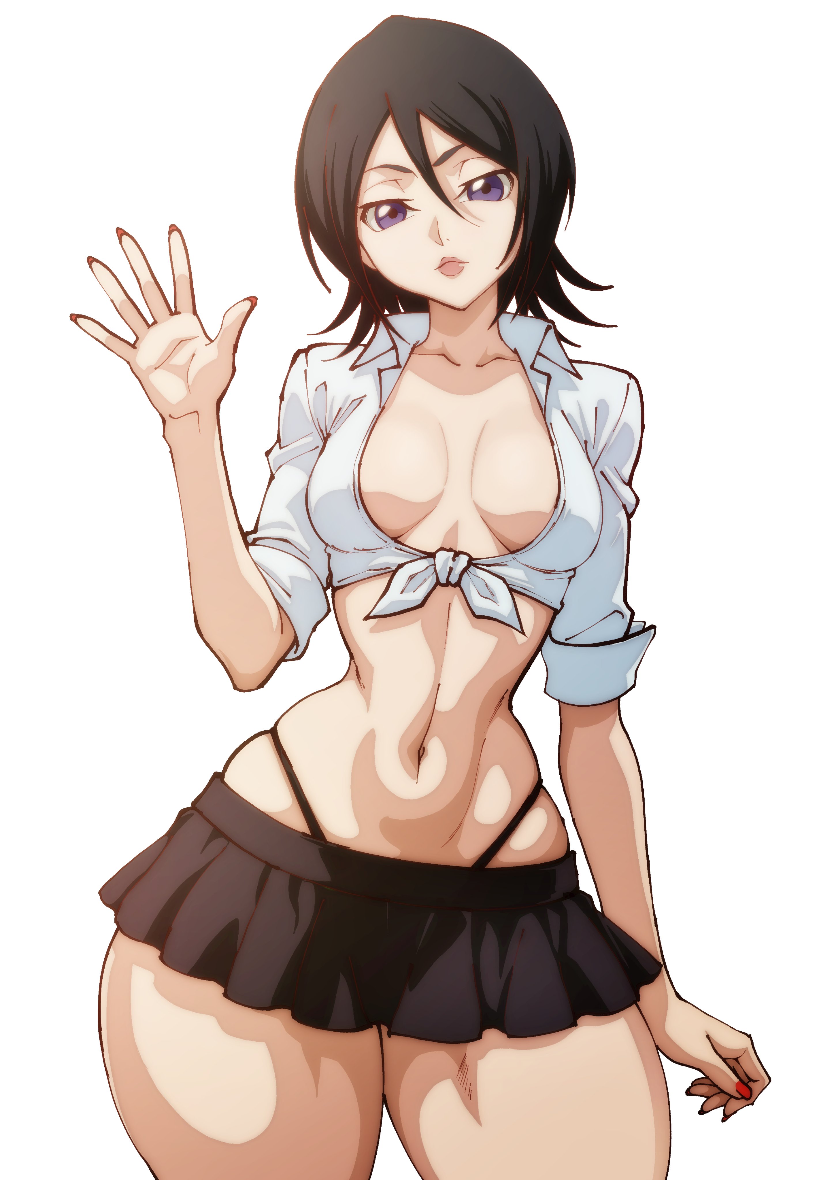1girls, black hair, bleach, breasts, gmoreartworks, kuchiki rukia, school uniform, short hair, small breasts, thick thighs
