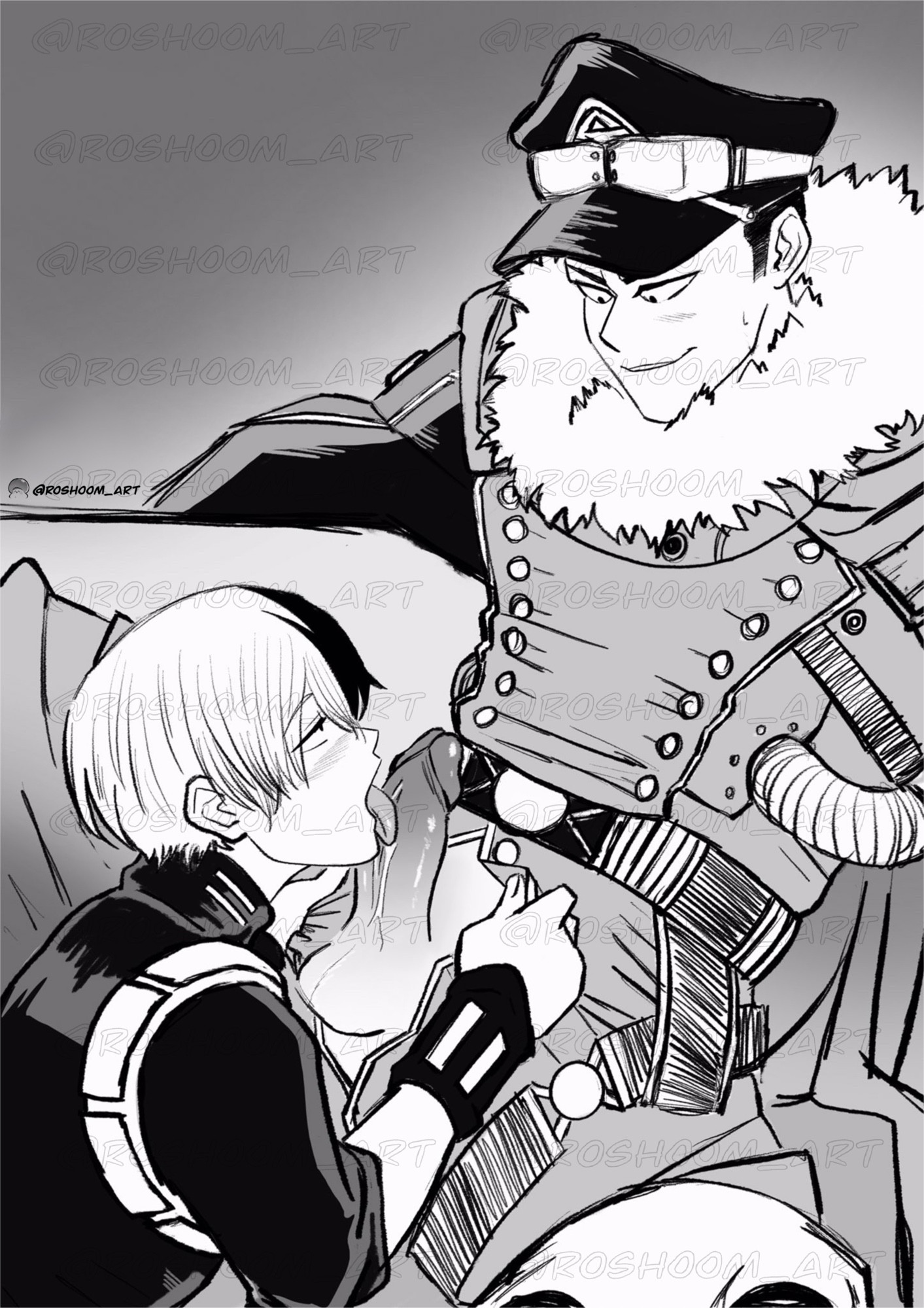 2boys, balls, blowjob, boku no hero academia, cock, dick, eyebrows visible through hair, gay, gay male, genitals, hat, inasa yoarashi, male, my hero academia, open mouth, penis, roshoom, shouto todoroki, testicles, tongue, tongue out, yaoi