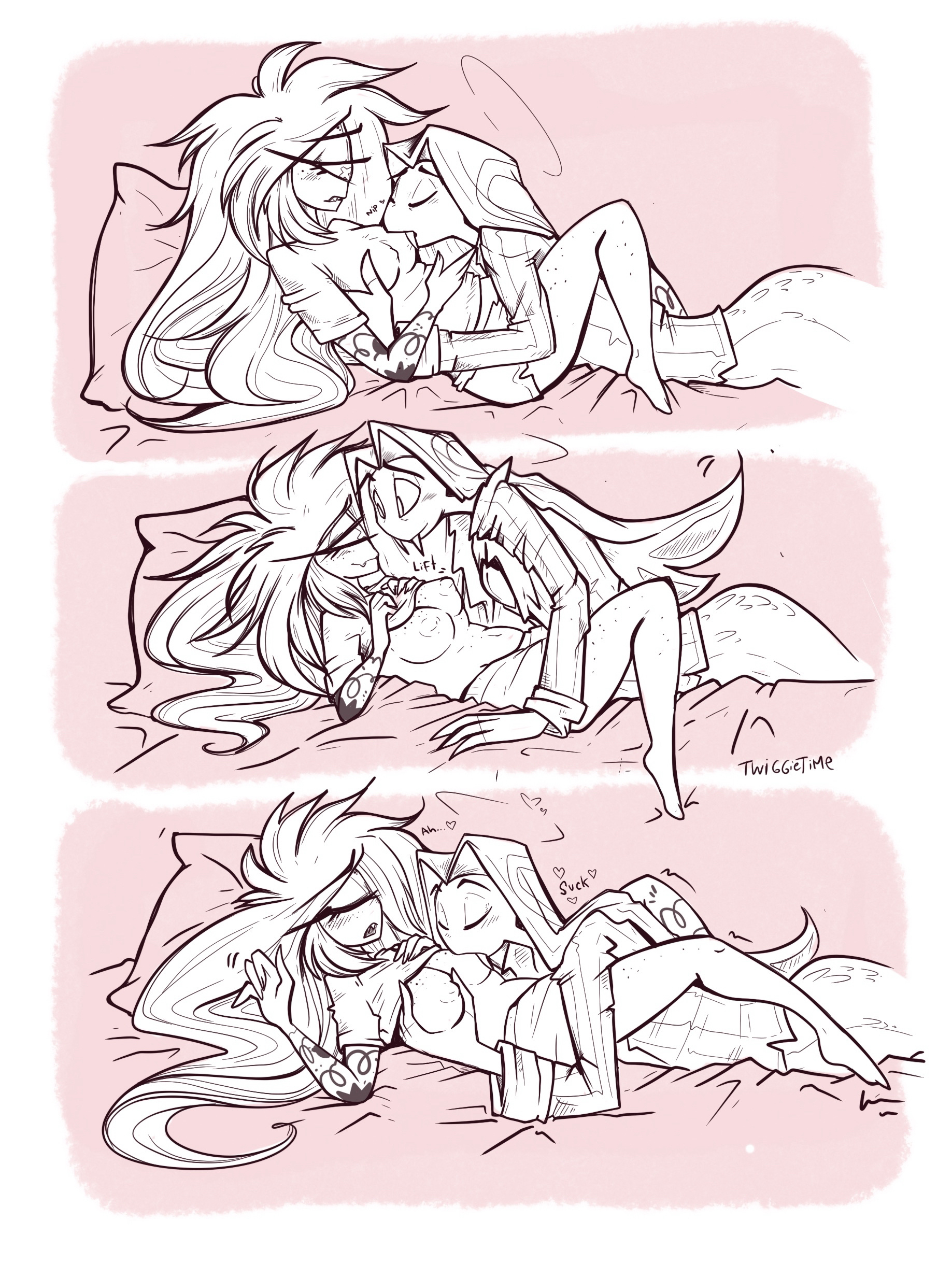 1boy, 1boy1girl, 1girls, 2025, 2d, beddings, belly button, blush, blush lines, breasts, cherri bomb, cherri bomb (hazbin hotel), cherrisnake, clothing, color, comic, cyclops, fangs, female, freckles, freckles on breasts, freckles on face, halo, hazbin hotel, heart, heart symbol, horny, horny male, licking nipples, looking at another, male, nipples, onomatopoeia, pajamas, pillow, sheets, shirt, shirt lift, shirt up, sir pentious, sir pentious (hazbin hotel), snake, sucking, sucking nipples, text, twiggietime, vivienne medrano, watermark, wholesome