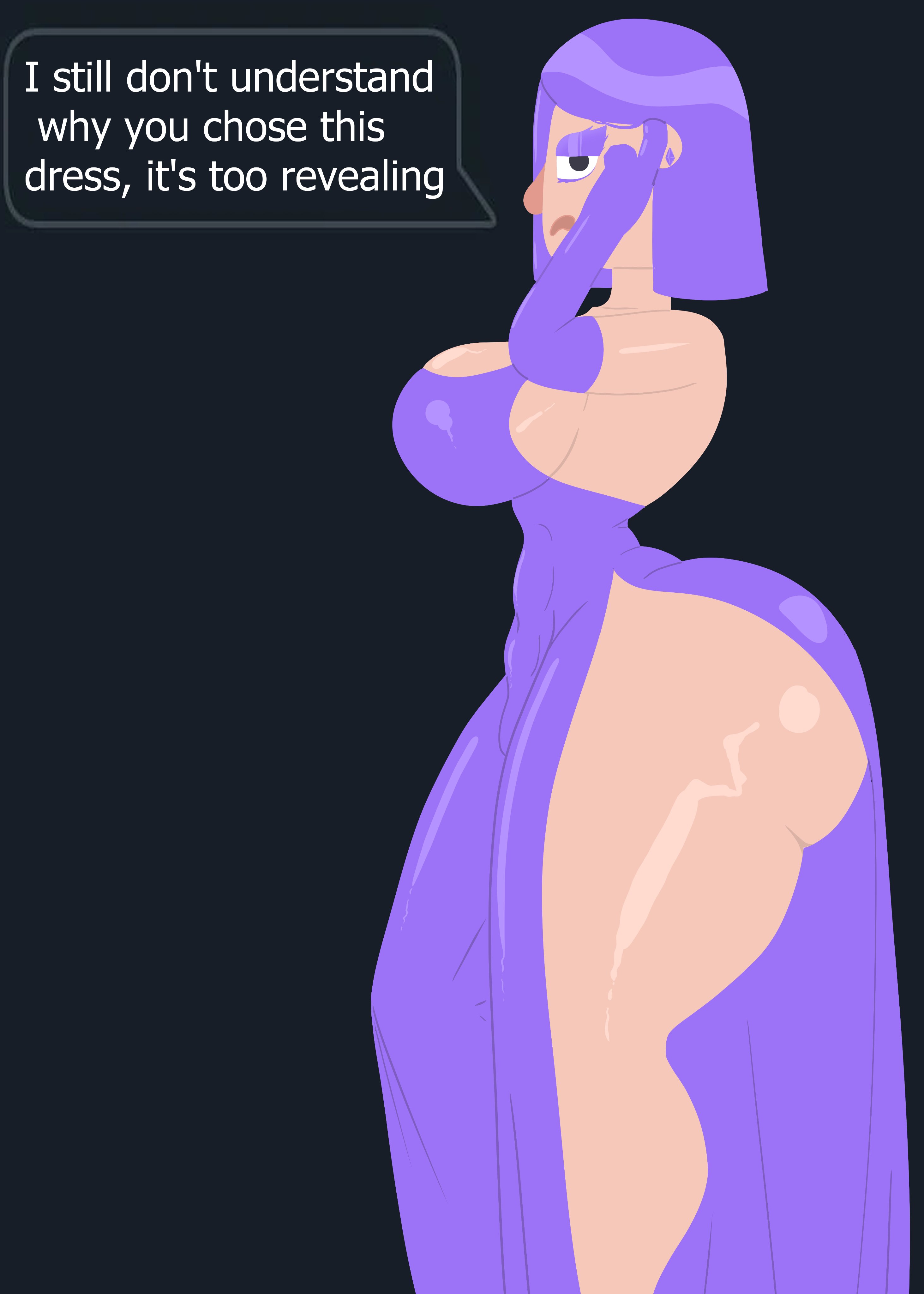 1girls, 2d, 2d (artwork), abs, breedable hips, bubble butt, child bearing hips, cleavage, cleavage cutout, clothed female, clothing, clothing cutout, curvaceous female, dress, duolingo, earrings, elbow gloves, english, english dialogue, english text, eyeliner, eyeshadow, female, female focus, female only, hourglass figure, huge ass, huge breasts, large ass, large breasts, light skin, light-skinned female, lily (duolingo), makeup, mesmerizing ass, pale skin, pale-skinned female, purple dress, purple eyeshadow, purple hair, side view, sideboob, skin tight, skindentation, slit dress, thick thighs, tight clothes, tight clothing, tight fit, toned, toned female, vulva outline, wide hips, yiomo