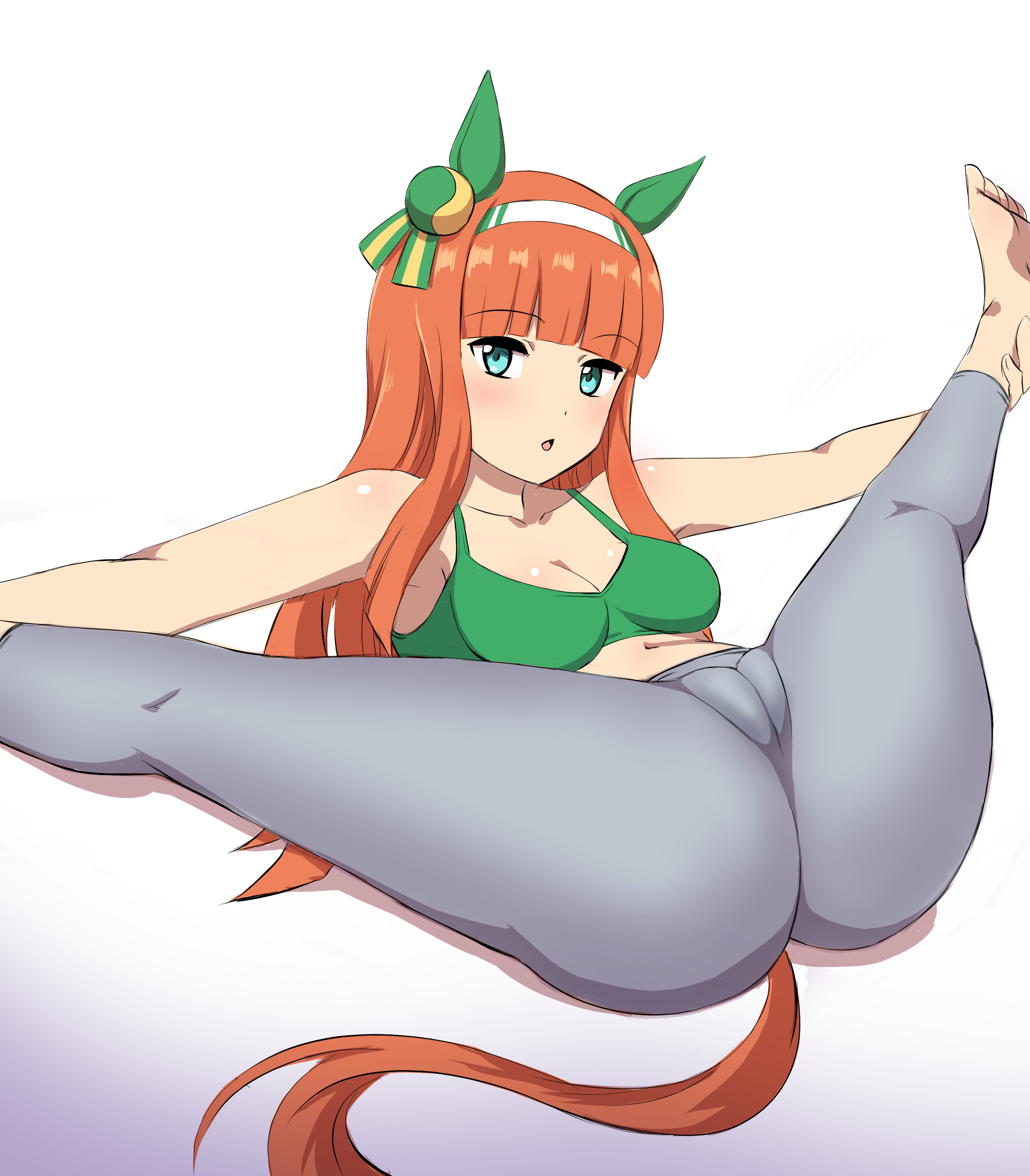 1girls, barefoot, box wonderland, breasts, cygames, feet, female, female only, horse girl, light skin, light-skinned female, long hair, orange hair, silence suzuka (umamusume), solo, umamusume, umamusume pretty derby, workout clothes