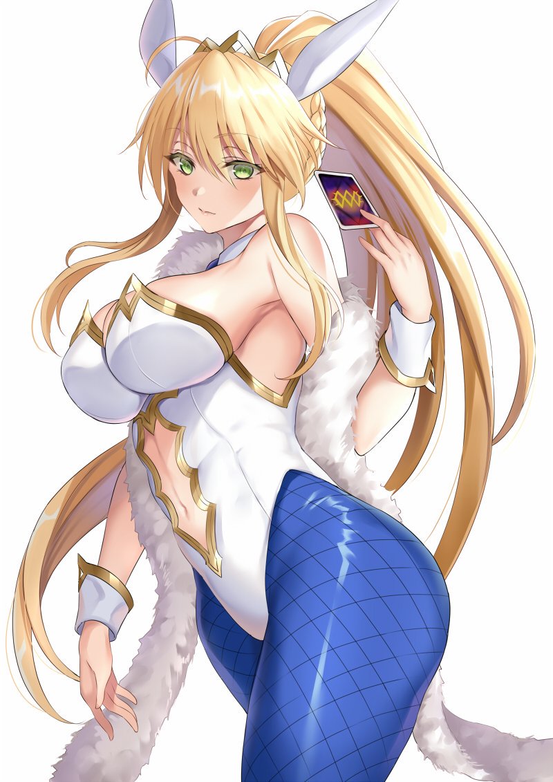 ahoge animal_ears artoria_pendragon artoria_pendragon_(lancer) artoria_pendragon_(swimsuit_ruler) bangs bare_shoulders blonde_hair blue_legwear blue_neckwear blush braid breasts bunny_ears bunnysuit card cleavage detached_collar fate/grand_order fate_(series) feather_boa female fishnet_legwear fishnet_pantyhose fishnets french_braid green_eyes harimoji highleg highleg_leotard large_breasts leotard long_hair looking_at_viewer navel navel_cutout pantyhose playing_cards ponytail sidelocks simple_background solo tiara tied_hair white_background white_leotard wrist_cuffs