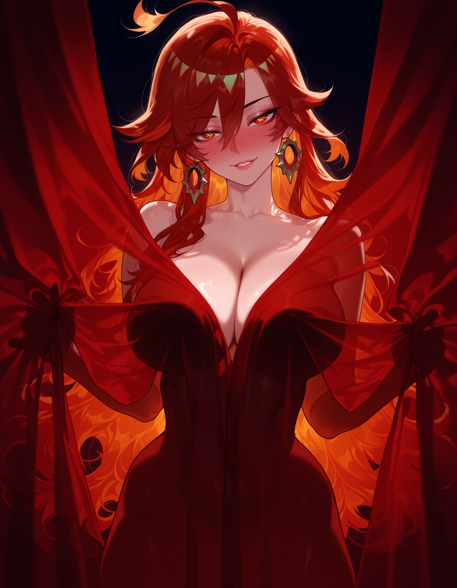 1girls, ahoge, ai generated, balecxi, bare shoulders, black background, blush, breasts, cleavage, clothing, collarbone, completely nude, covered navel, covering privates, curtain grab, curtains, curvaceous, curvaceous female, curvaceous figure, curvy, curvy figure, dress, earrings, female, female focus, female only, genshin impact, grin, hair between eyes, head tilt, hoyoverse, inviting, jewelry, large breasts, long hair, looking at viewer, mavuika (genshin impact), multicolored hair, nude, orange eyes, orange hair, parted lips, presenting, presenting ass, presenting breasts, presenting hindquarters, presenting self, red eyes, red hair, red theme, seductive, seductive look, seductive smile, see-through, see-through silhouette, smile, solo, teeth, uncensored, very long hair, voluptuous, voluptuous female