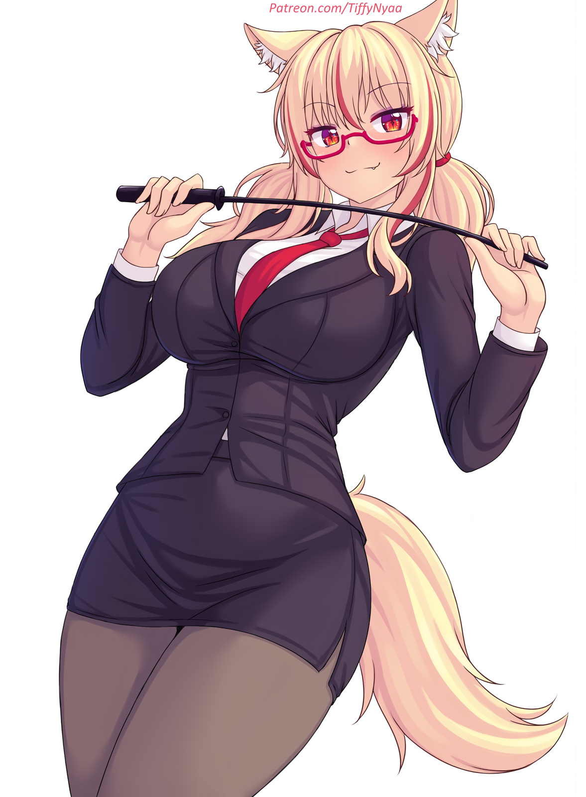 1girls, black pantyhose, blonde hair, breasts, cat ears, catgirl, female, female only, fully clothed, glasses, jacket, large breasts, long hair, miniskirt, multicolored hair, necktie, nottytiffy, oerba yun fang, office lady, pantyhose, patreon username, pencil skirt, red eyes, red highlights, red necktie, semi-rimless eyewear, skirt, slit pupils, solo, suit jacket, tail, tiffy, tiffynyaa, twintails, whip