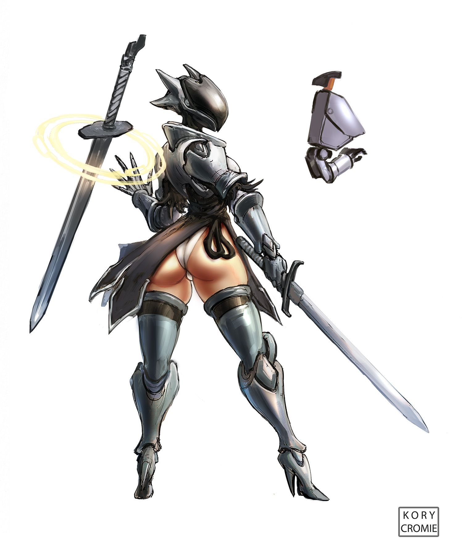 1girls, armor, armored female, ass, ass focus, exposed ass, female, female focus, female only, high heels, holding object, holding weapon, kory cromie, nier: automata, solo, sword, weapon, yorha 2b