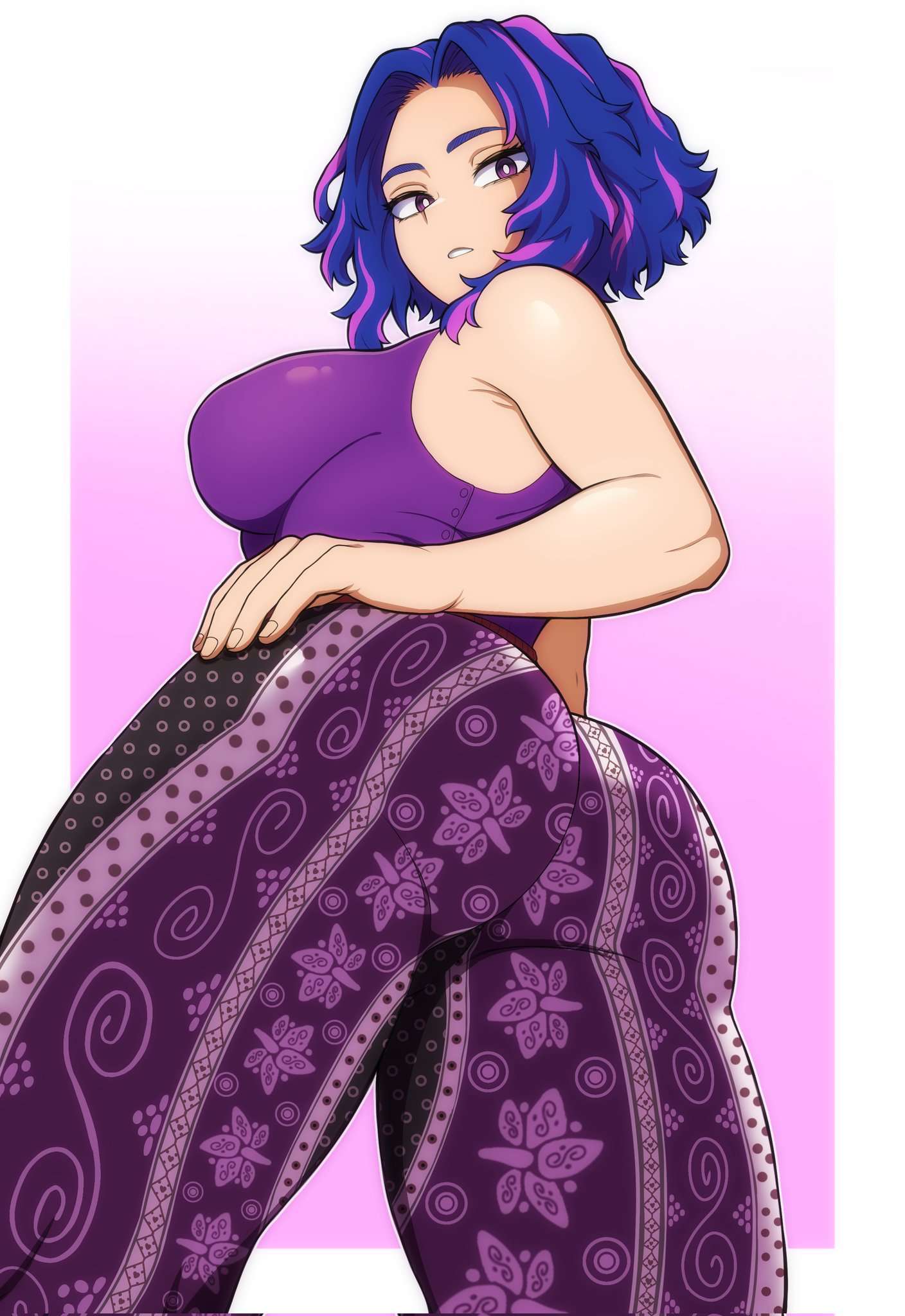 1girls, armpit crease, ass, bare shoulders, bell-bottoms, boku no hero academia, breasts, curvy, evoltodraw, female, female only, forbidden pants, hand on own hip, highres, kaina tsutsumi, lady nagant, large breasts, looking at viewer, looking back, multicolored hair, my hero academia, pants, patterned legwear, pink hair, purple background, purple hair, purple pants, purple shirt, shirt, short hair, solo, streaked hair, thick thighs, thighs, tight clothes, tight pants, tsutsumi kaina, two-tone background, two-tone hair, white background, wide hips