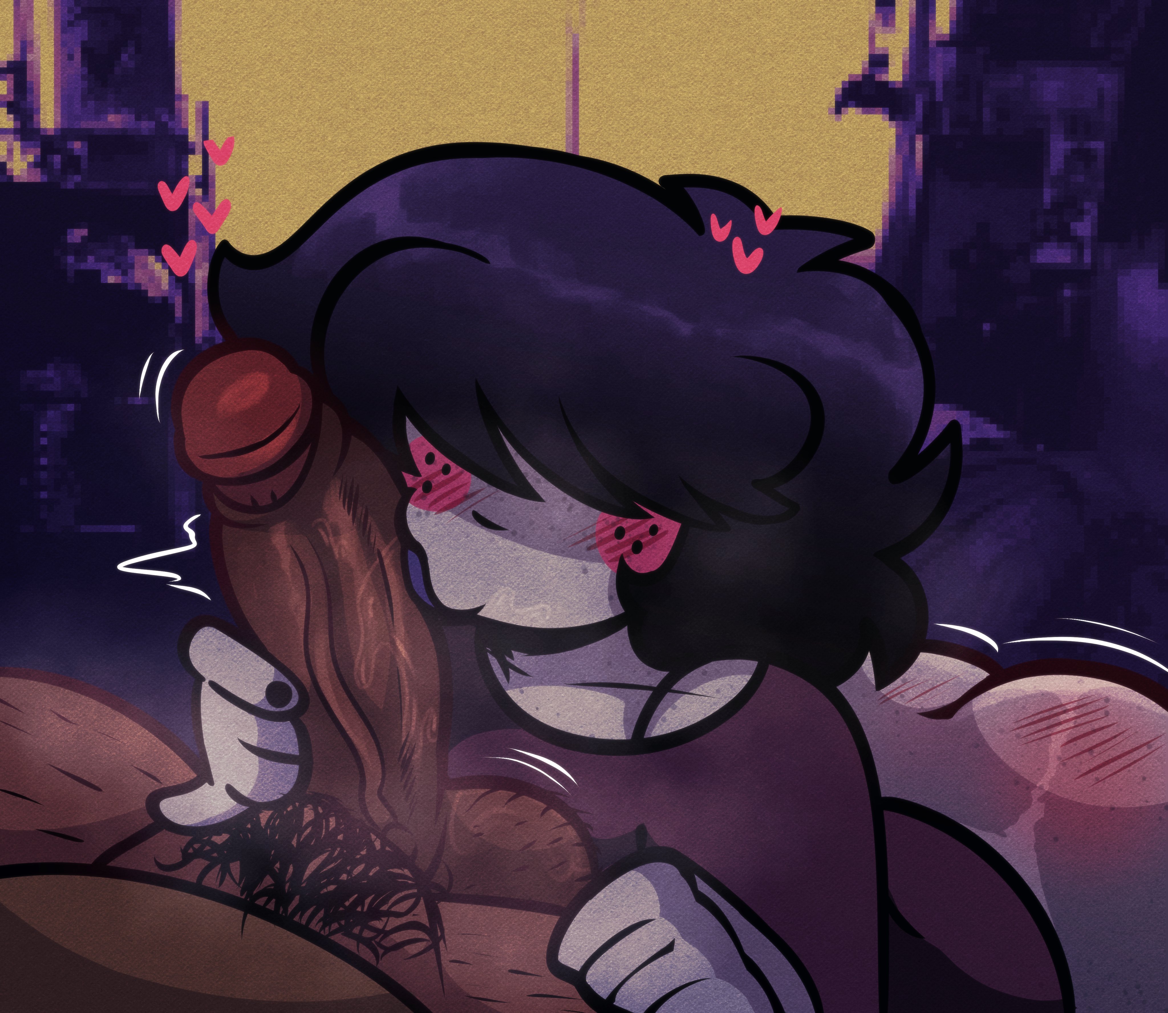 1boy, 1girls, 2026, ass, bangs, blush, clothing, dark skin, dark-skinned male, freckles, hair over eyes, hairy balls, hearts around head, highres, lazycumlol, licking, licking penis, monster girl, motion lines, oc, original, penis, pubic hair, realistic background, red mark on ass, rosy cheeks, saliva, tagme, terry (lazypunkarts), veiny penis