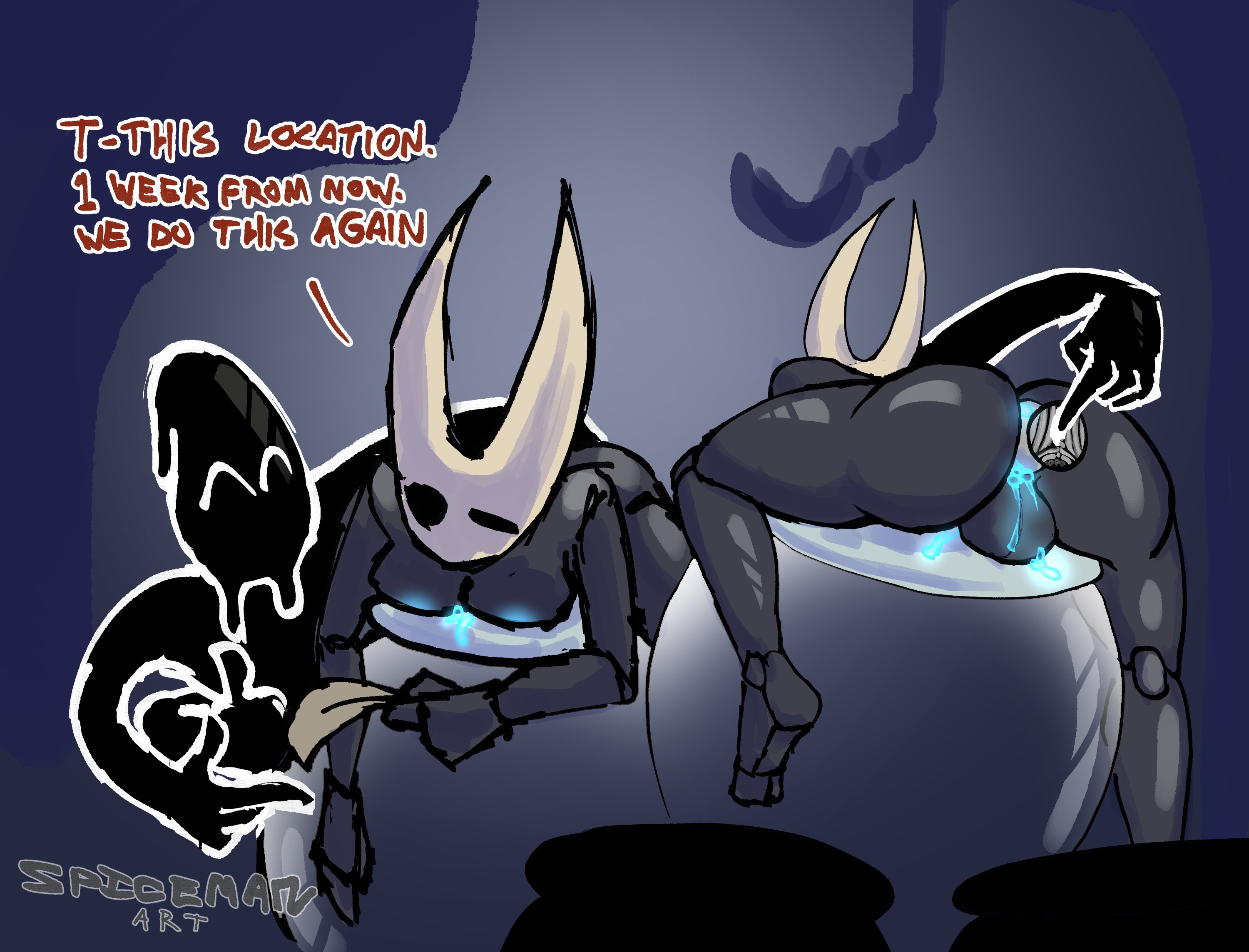 1boy, 1futa, anal, anthro, anus, balls, broken chastity cage, buttplug, chastity cage, comic, comic page, cum, cum in ass, futanari, futasub, glowing, glowing genitalia, hollow knight, hollow knight: silksong, hornet (hollow knight), male, male on futa, penis, power bottom, shaw, spicemanart, text, the collector (hollow knight)