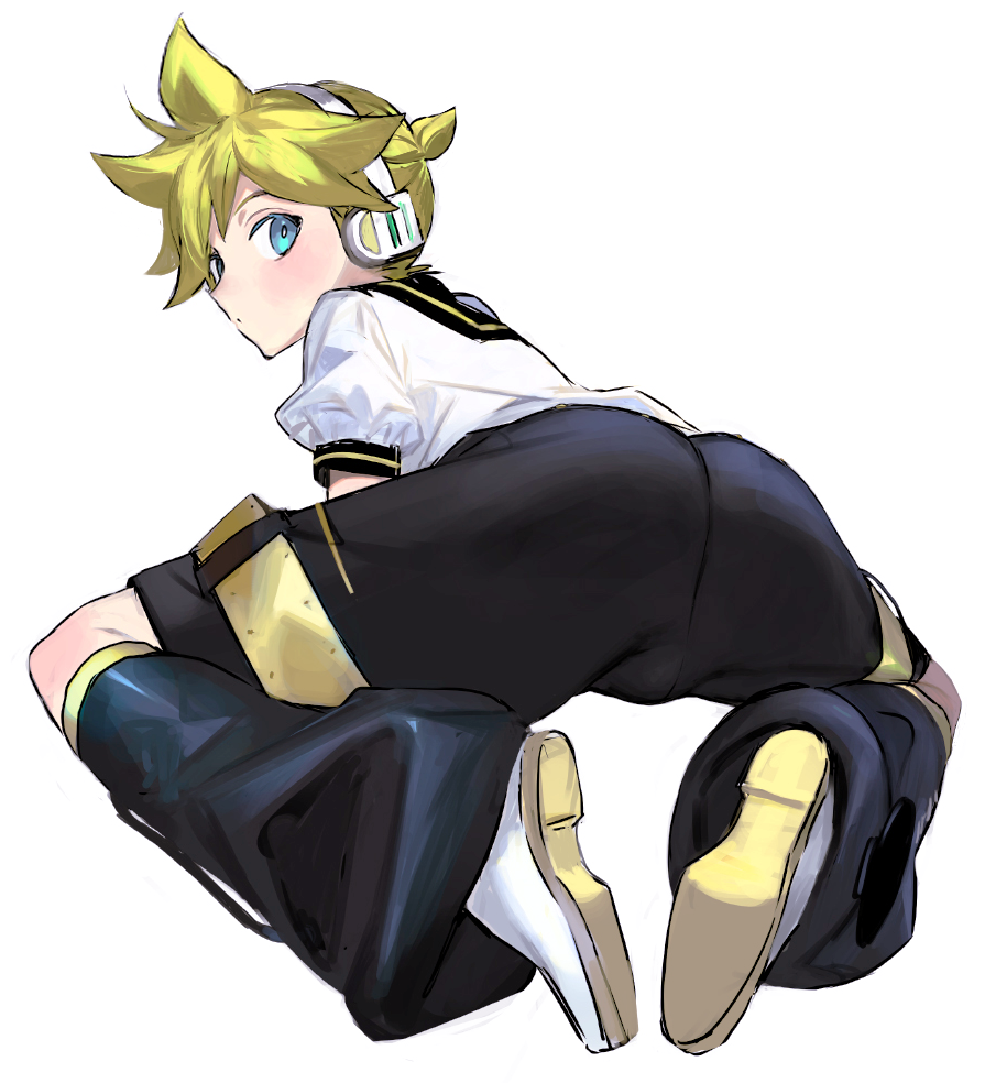 1boy ass blonde_hair blue_eyes detached_sleeves from_behind hair_ornament headset kagamine_len leg_warmers looking_at_viewer male_focus naoconococo ponytail sailor_collar short_hair short_ponytail shorts simple_background soles solo vocaloid white_background