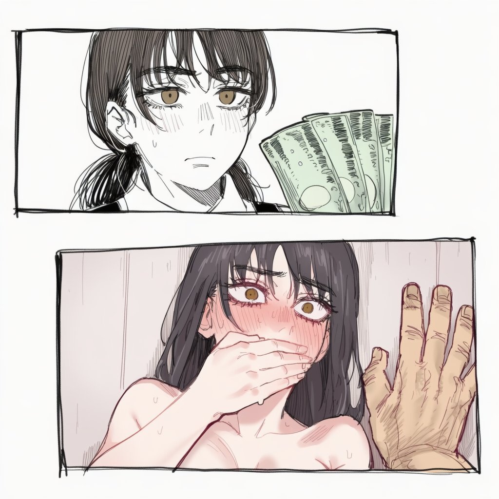 1girls, 2d, ai generated, blush, blushing, chainsaw man, covering mouth, disembodied hand, implied penetration, implied sex, lapis slopzuli, mitaka asa, money, out of frame male, prostitution, uravity98114