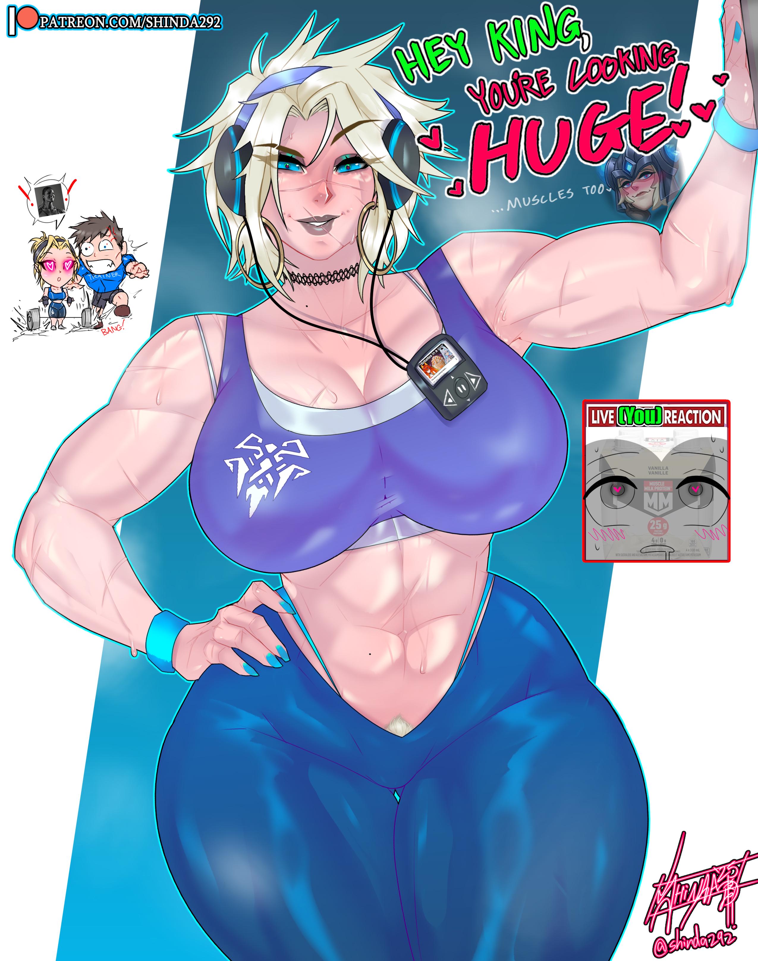 1boy, 1futa, 1girls, 2girls, abs, artist signature, artist url, ass, biceps, blue eyes, blush, breasts, carpet matching drapes, child bearing hips, cleavage, clothed female, clothed male, curvaceous, curvaceous ass, curvaceous body, curvaceous female, curvaceous figure, curvaceous hips, curvaceous thighs, curvy, curvy body, curvy female, curvy figure, curvy hips, curvy thighs, dropping object, earrings, english, english text, female, female abs, female focus, garen crownguard, gigachad (meme), gold earrings, gym, gym clothes, gym uniform, hand on hip, headphones, headphones around neck, heart-shaped eyes, heart-shaped pupils, hi res, highres, hoop earrings, hoop earrings oversized, huge breasts, league of legends, leggings, live reaction (meme), luxanna crownguard, male, medium hair, meme, muscular, muscular arms, muscular female, muscular legs, muscular thighs, praise, pubic hair, pubic hair peek, riot games, scar, scar across mouth, scar on face, scarred, scars all over, scars on arm, sejuani, shaved armpit, shinda292, simple background, sweat, sweatdrop, tagme, text, thick, thick hips, thick legs, thick thighs, thigh gap, waifu, walkman, weightlifting, wide hips
