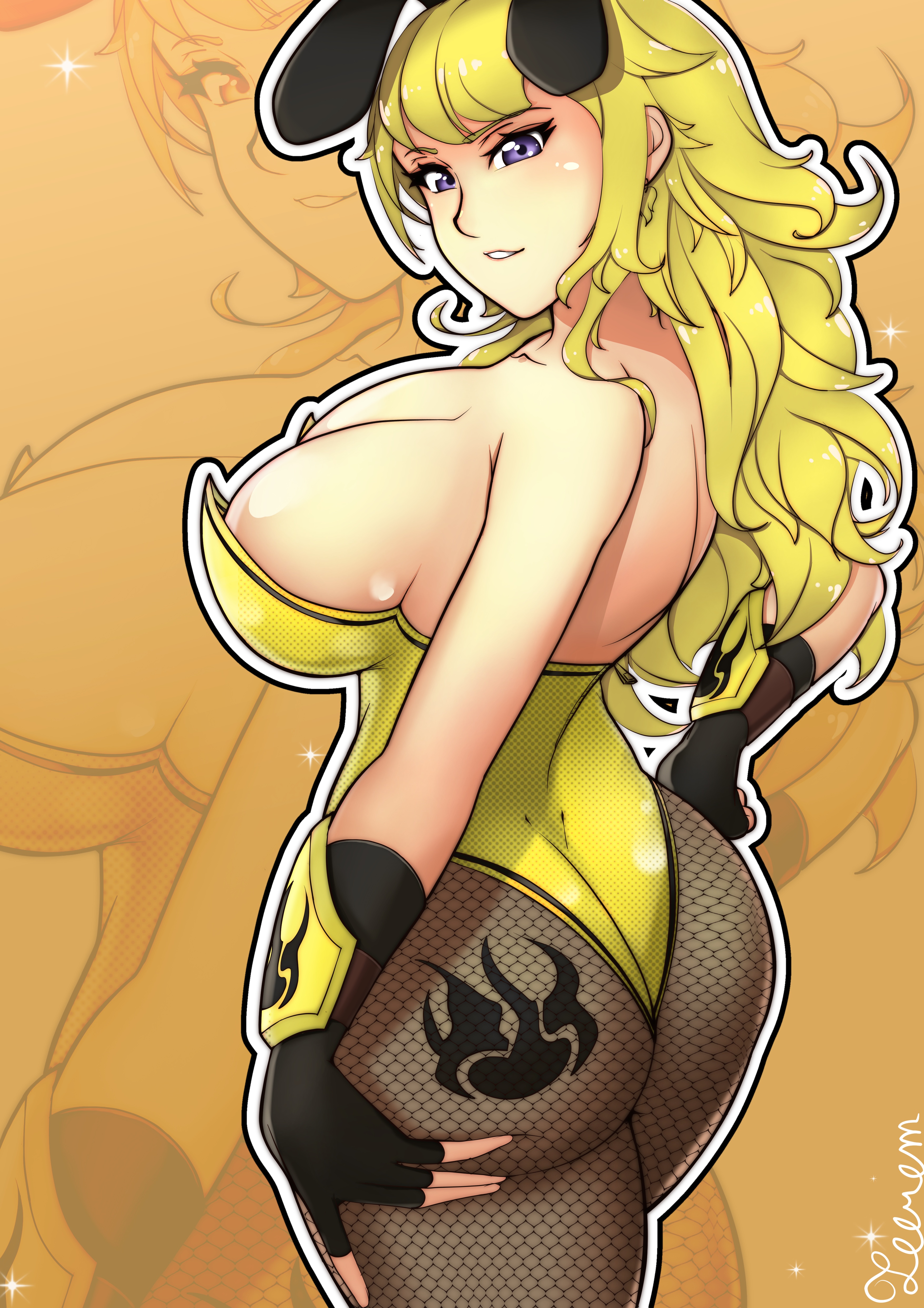 ass, big breasts, blonde hair, breasts, bunny ears, bunny girl, bunnysuit, female, female only, long hair, purple eyes, rwby, solo, solo female, solo focus, stockings, telrum, yang xiao long