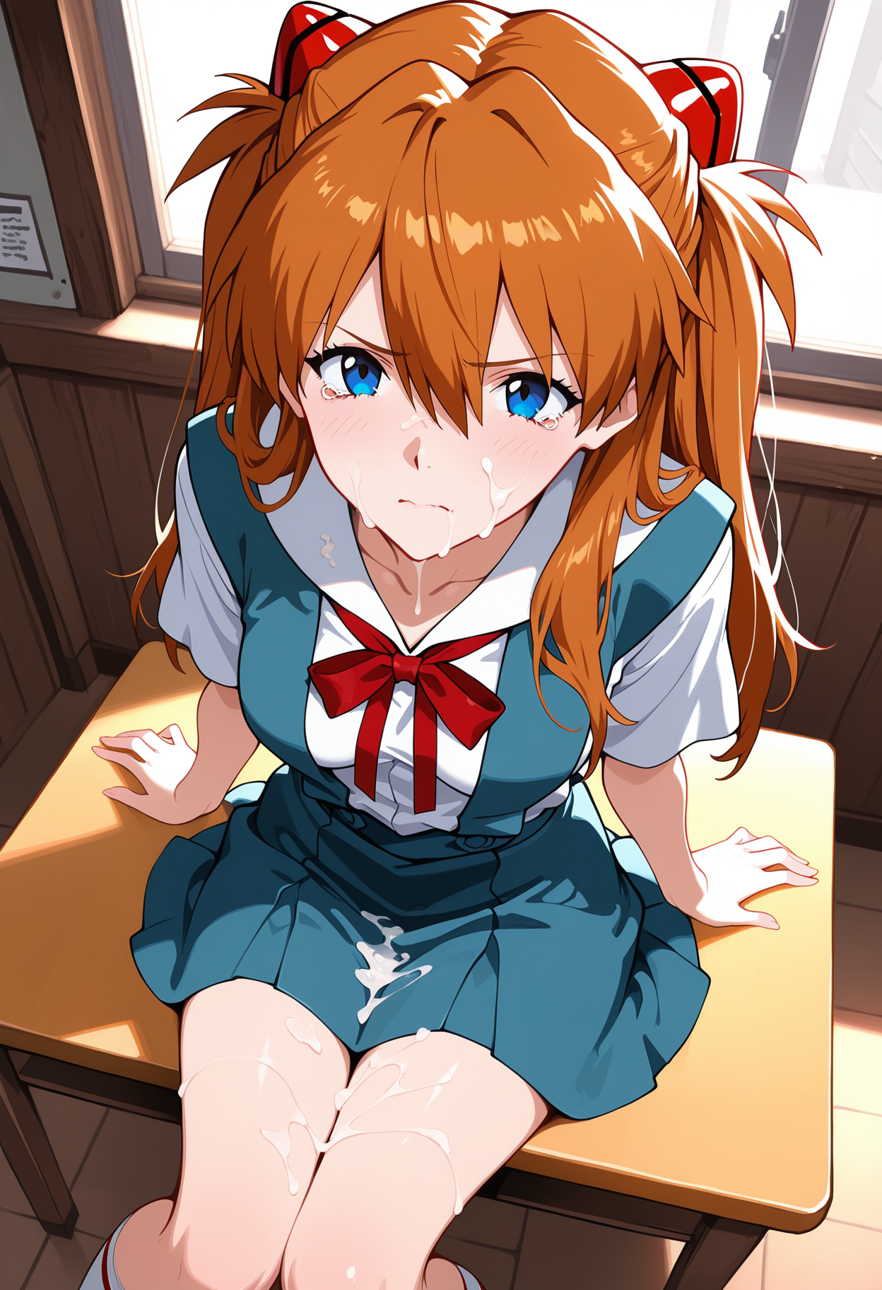 ai generated, asuka langley sohryu, blush, cum, neon genesis evangelion, school uniform, sitting, souryuu asuka langley