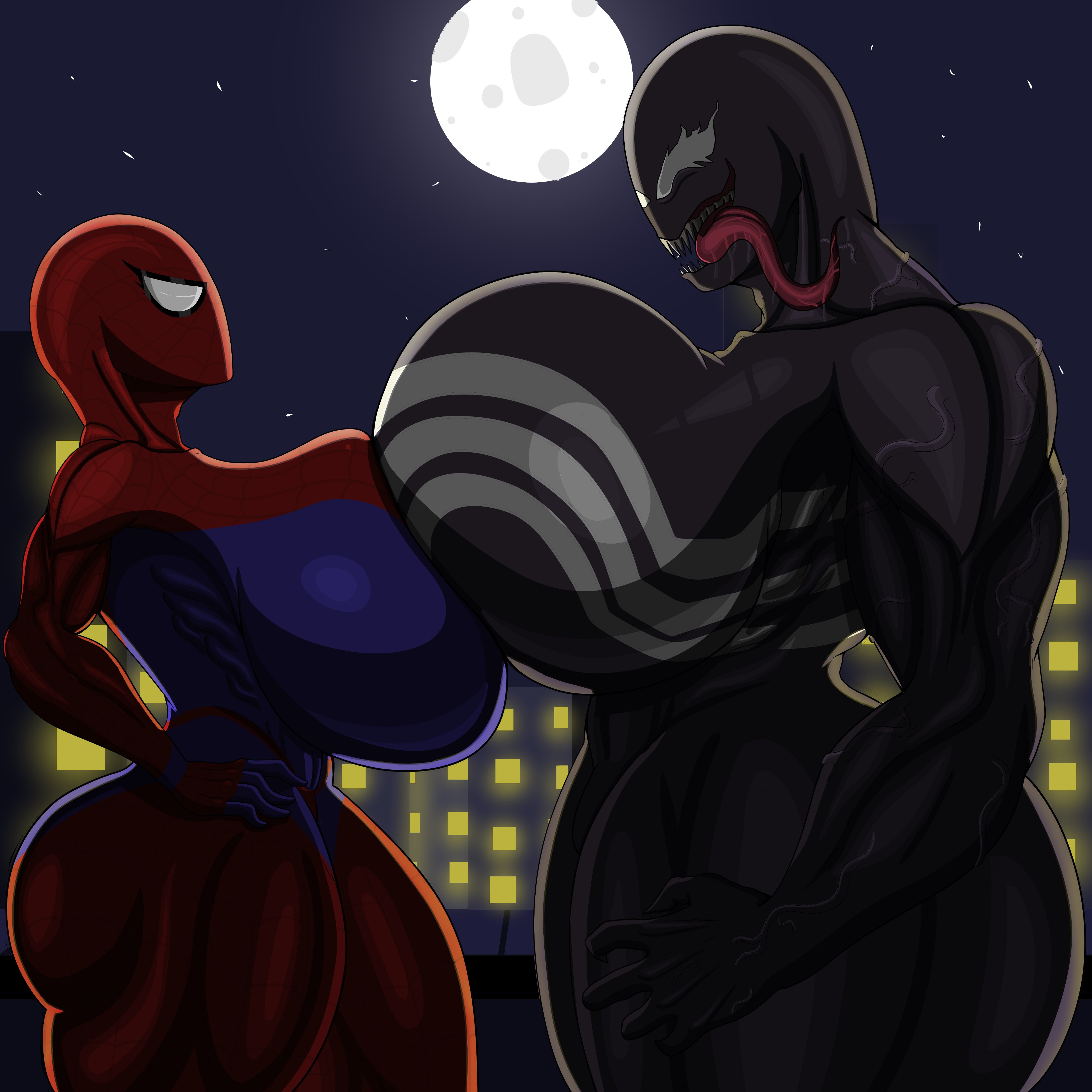 2d, 2d (artwork), 2girls, bodysuit, breast to breast, city background, female, female focus, female only, latex, latex bodysuit, latex clothing, latex skinsuit, looking at partner, looking pleasured, marvel, marvel comics, moon, night, she-venom, size difference, skinsuit, spider-woman, superheroine, tongue, tongue out, yiomo
