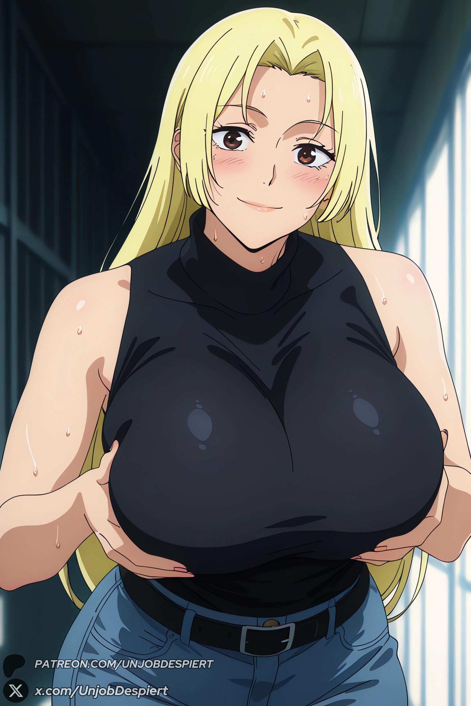 1female, 1girls, 2026, ai generated, artist name, bangs, bare shoulders, belt, big ass, big breasts, black belt, black shirt, blonde hair, blue pants, blush, breasts, brown eyes, closed mouth, curvy, denim, female, female only, hi res, high quality, high resolution, highres, huge ass, huge breasts, indoors, jeans, jujutsu kaisen, large breasts, long hair, looking at viewer, mature female, pants, patreon, patreon logo, patreon username, shirt, sleeveless, sleeveless shirt, smile, solo, sweat, unjobdespiert, watermark, web address, yuki tsukumo