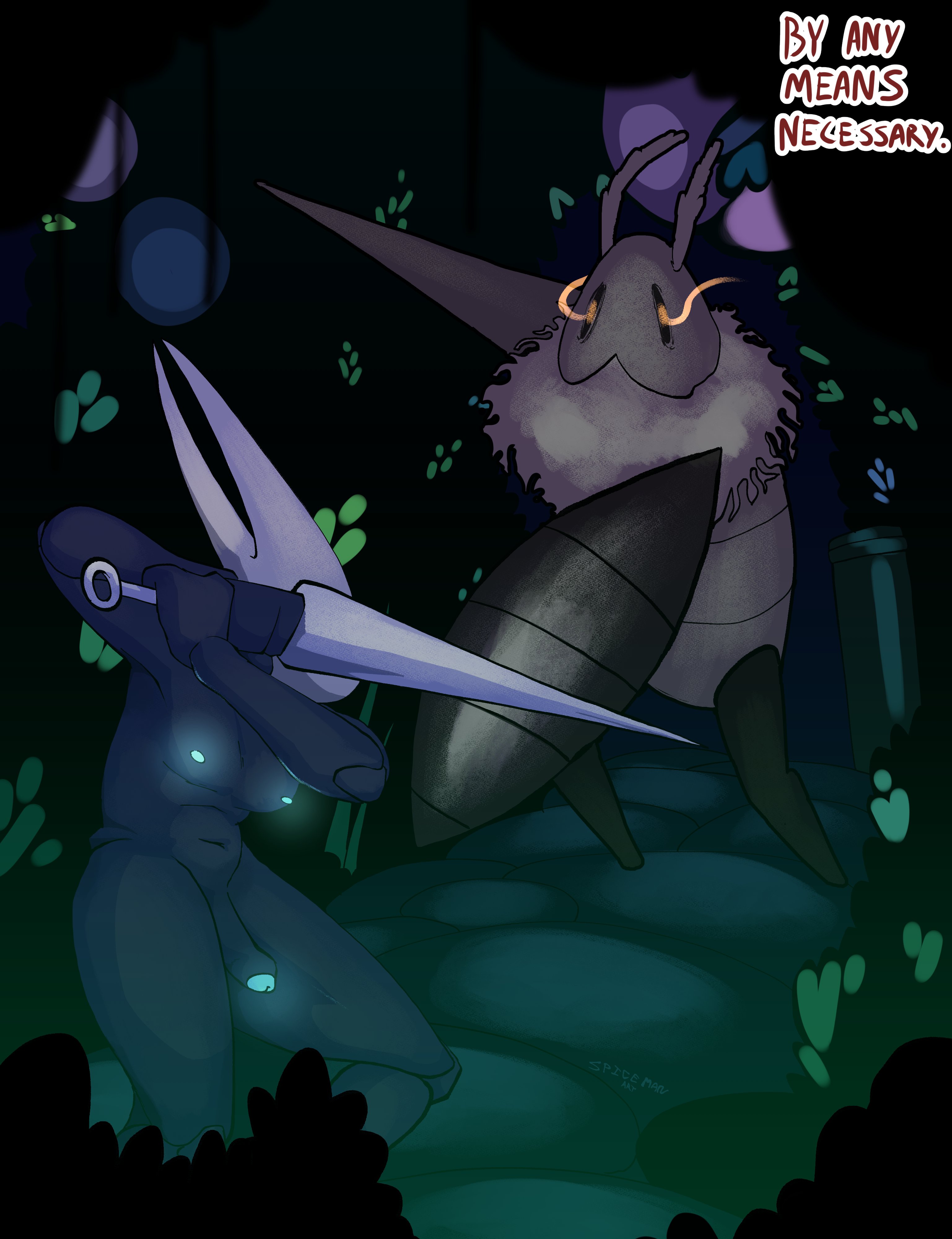 1boy, 1futa, anal, anthro, anus, balls, comic, comic page, futanari, futasub, glowing, glowing genitalia, hollow knight, hollow knight: silksong, hornet (hollow knight), imminent sex, male, moss knight (hollow knight), penis, spicemanart, text