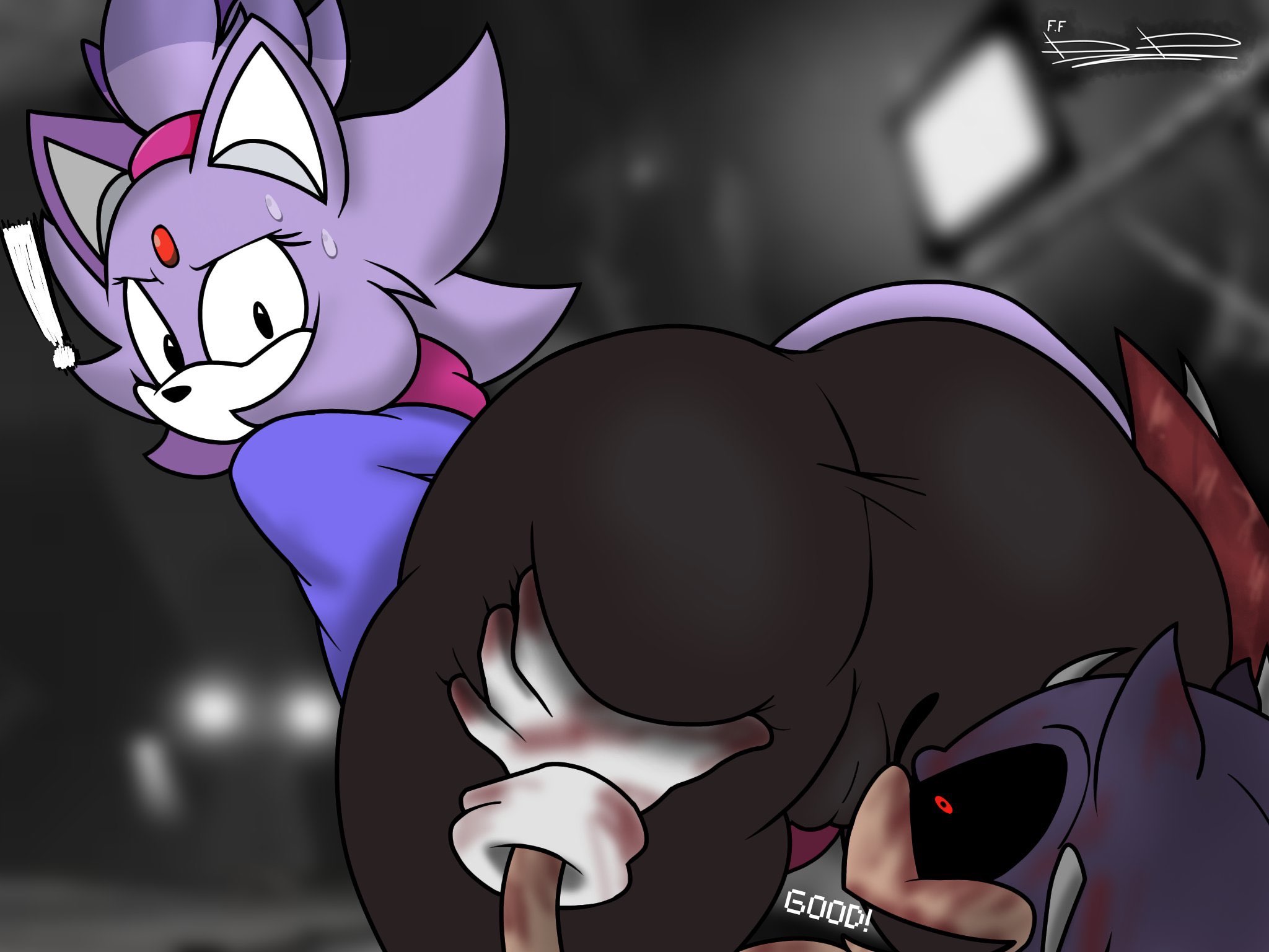 1boy, 1girls, anthro, ass, ass focus, ass grab, big ass, big thighs, black eyes, blaze the cat, blaze the cat (om), cameltoe, clothed, female, furry, huge ass, kolossos, lavender fur, looking back, outcome memories, red gem, roblox, roblox game, sega, shawl, shocked expression, sinner20033, sonic (series), sonic the hedgehog (series), sonic.exe (series), sweat, sweating, tail, tight clothing, tights